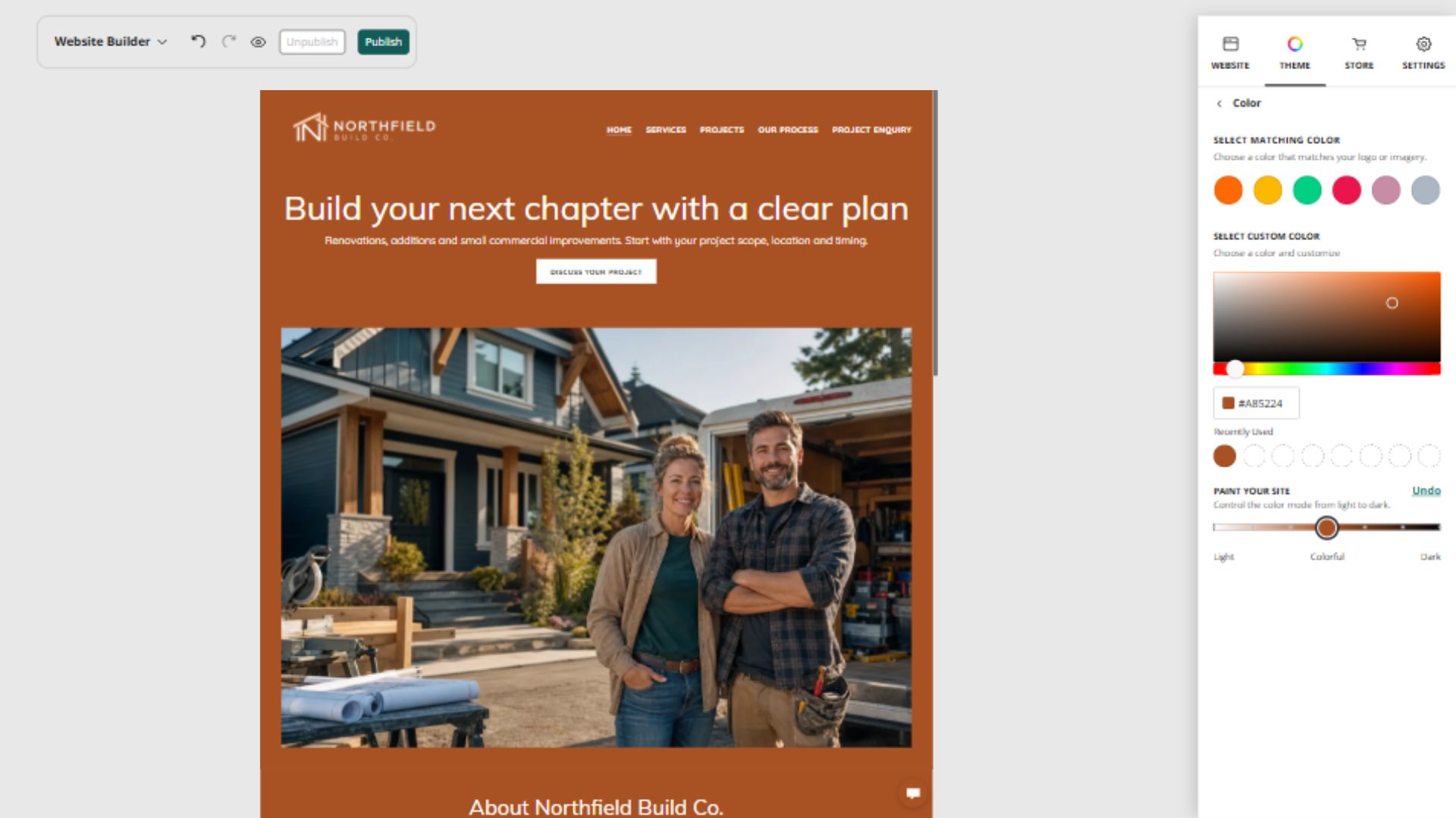 Website Builder colour controls showing Northfield Build Co. copper theme colour