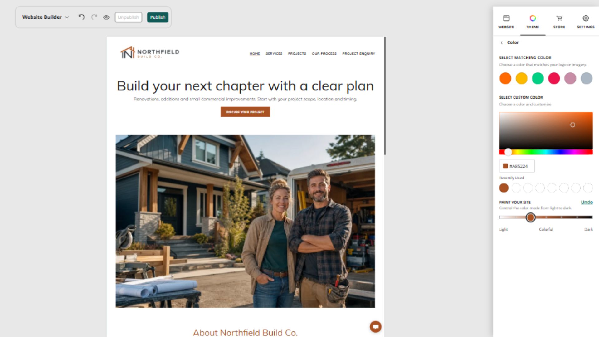 Northfield Build Co. desktop Paint your site position 3: Light with copper accents