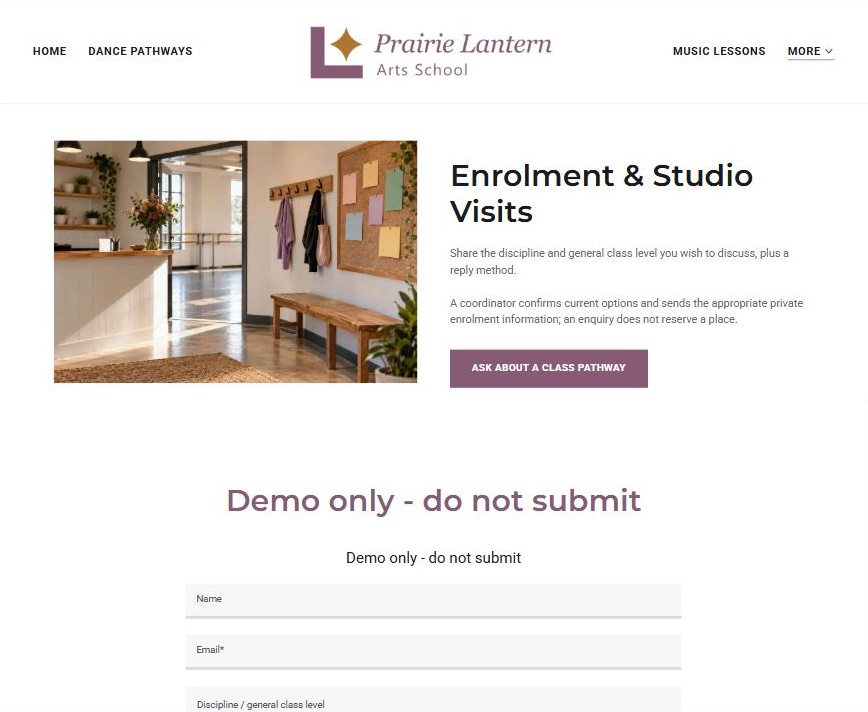 Captured first-screen Enrolment & Studio Visits example