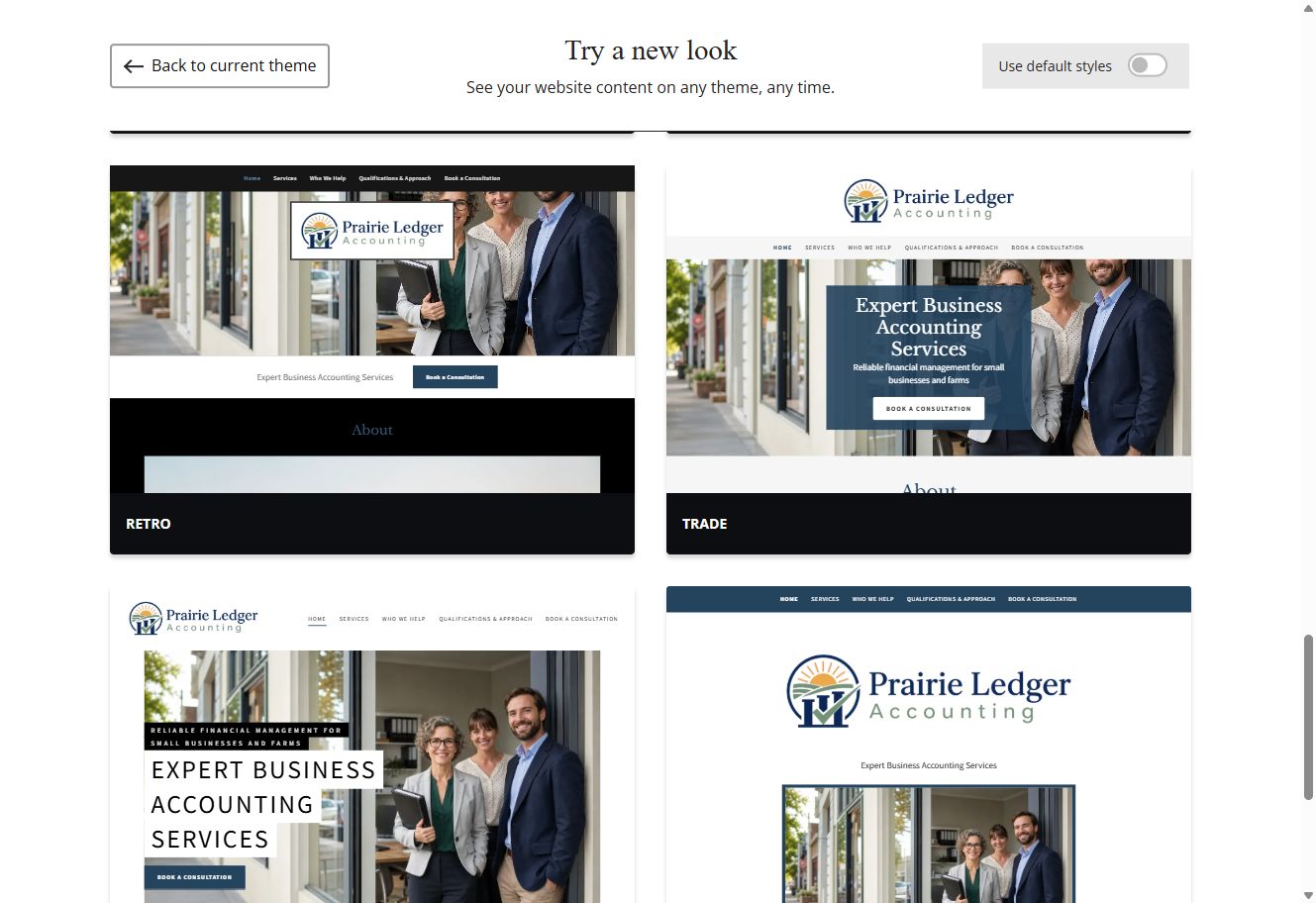 Retro and Trade theme previews for Prairie Ledger Accounting with default styles switched off