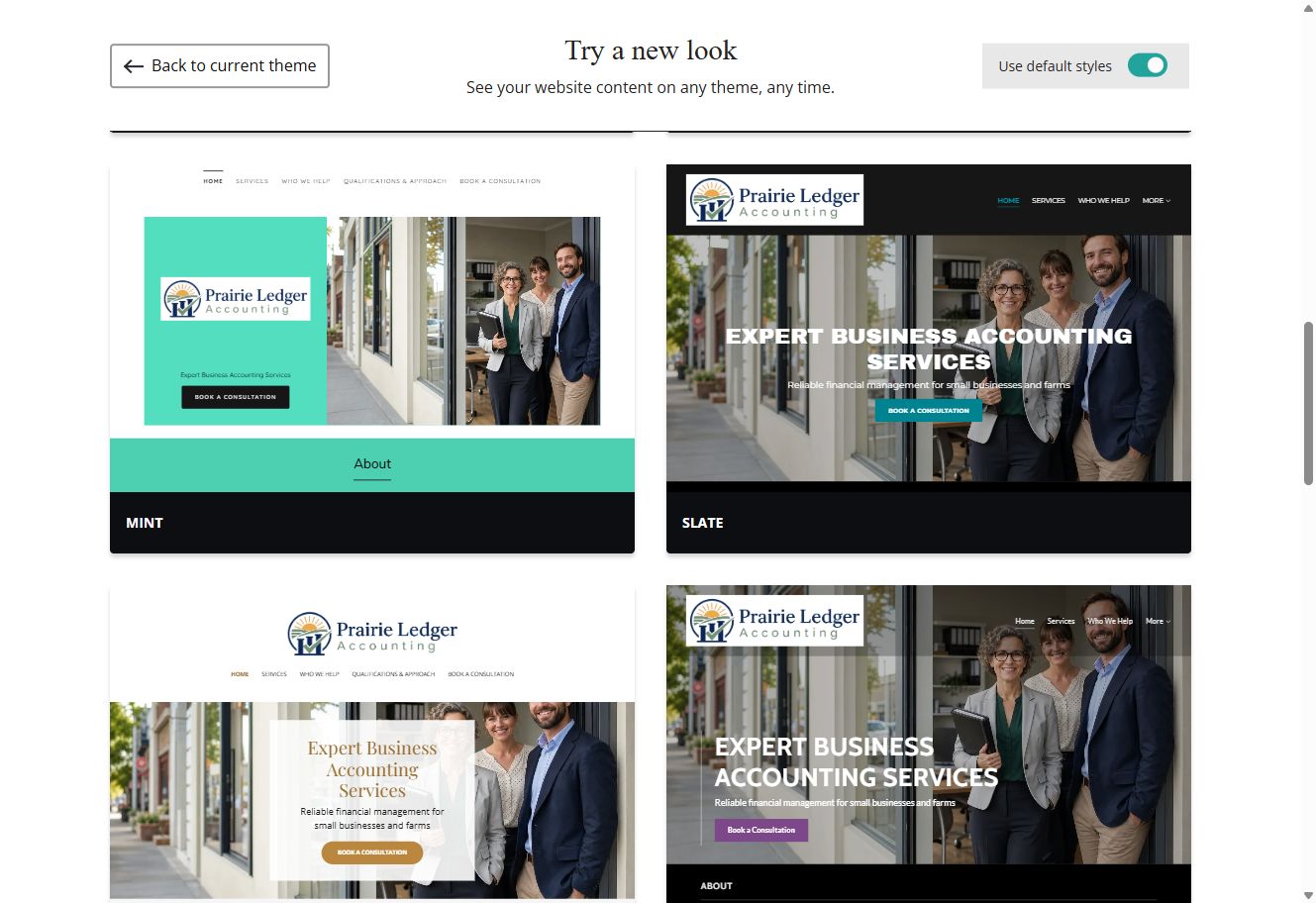Mint and Slate theme previews for Prairie Ledger Accounting with default styles switched on