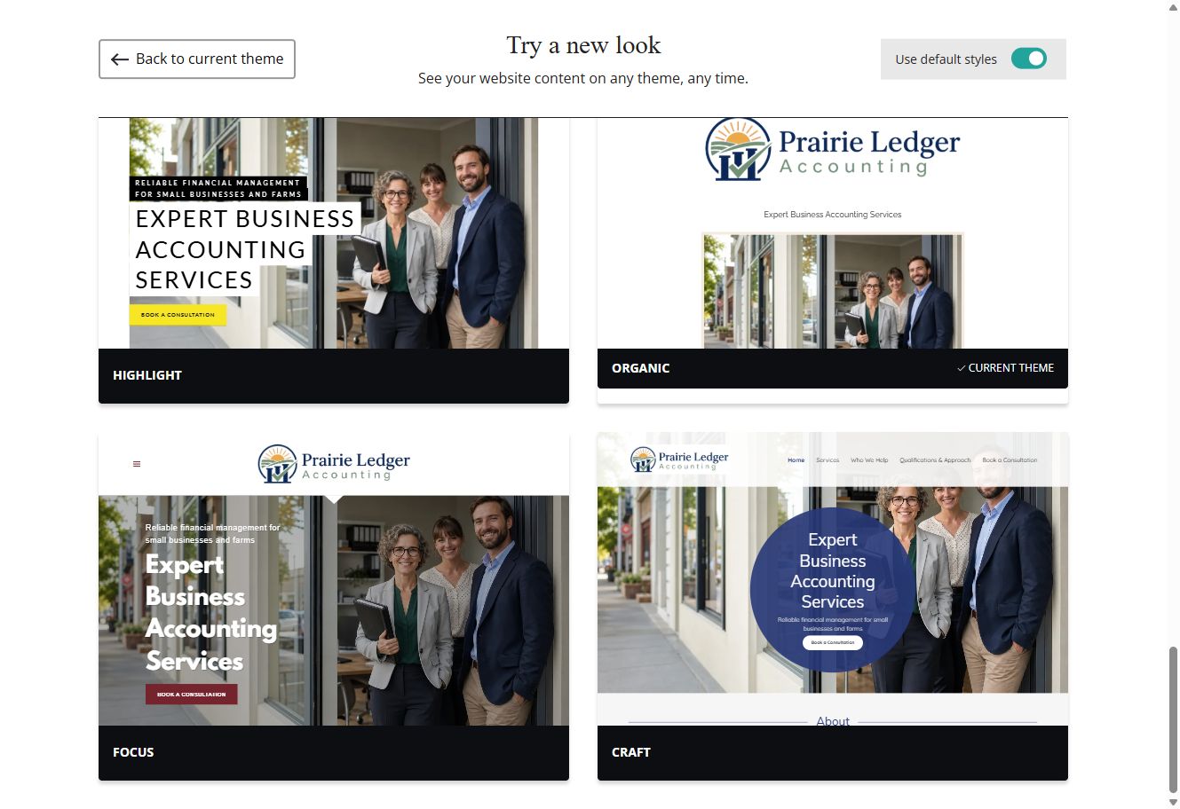 Focus and Craft theme previews for Prairie Ledger Accounting with default styles switched on