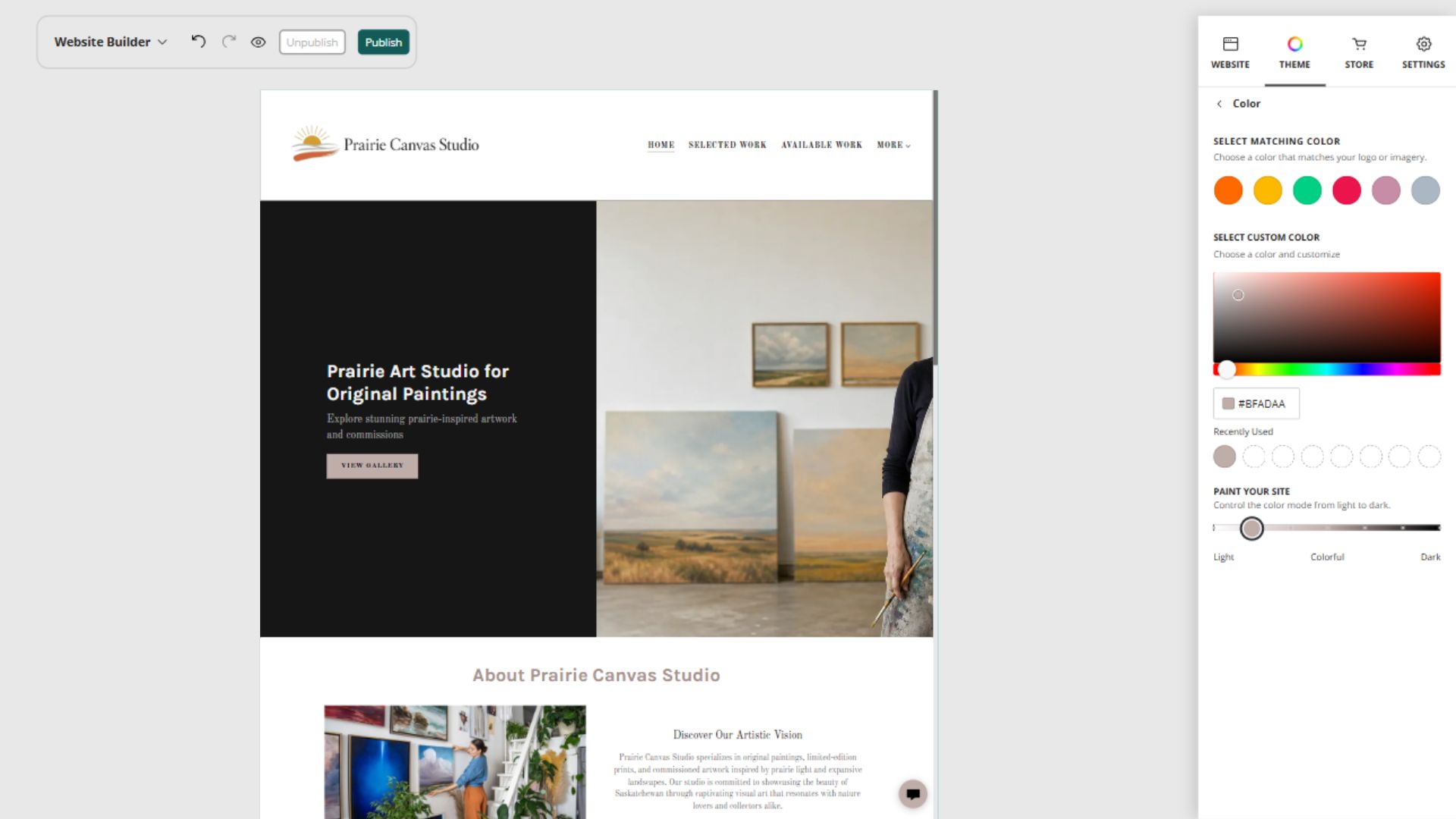 Prairie Canvas Studio desktop editor beside colour and Paint your site controls