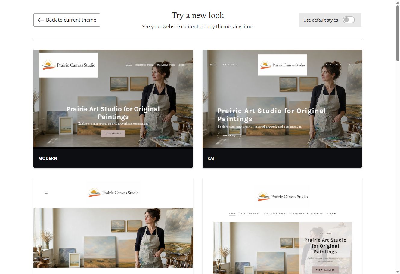 Modern and Kai theme previews for Prairie Canvas Studio with default styles switched off