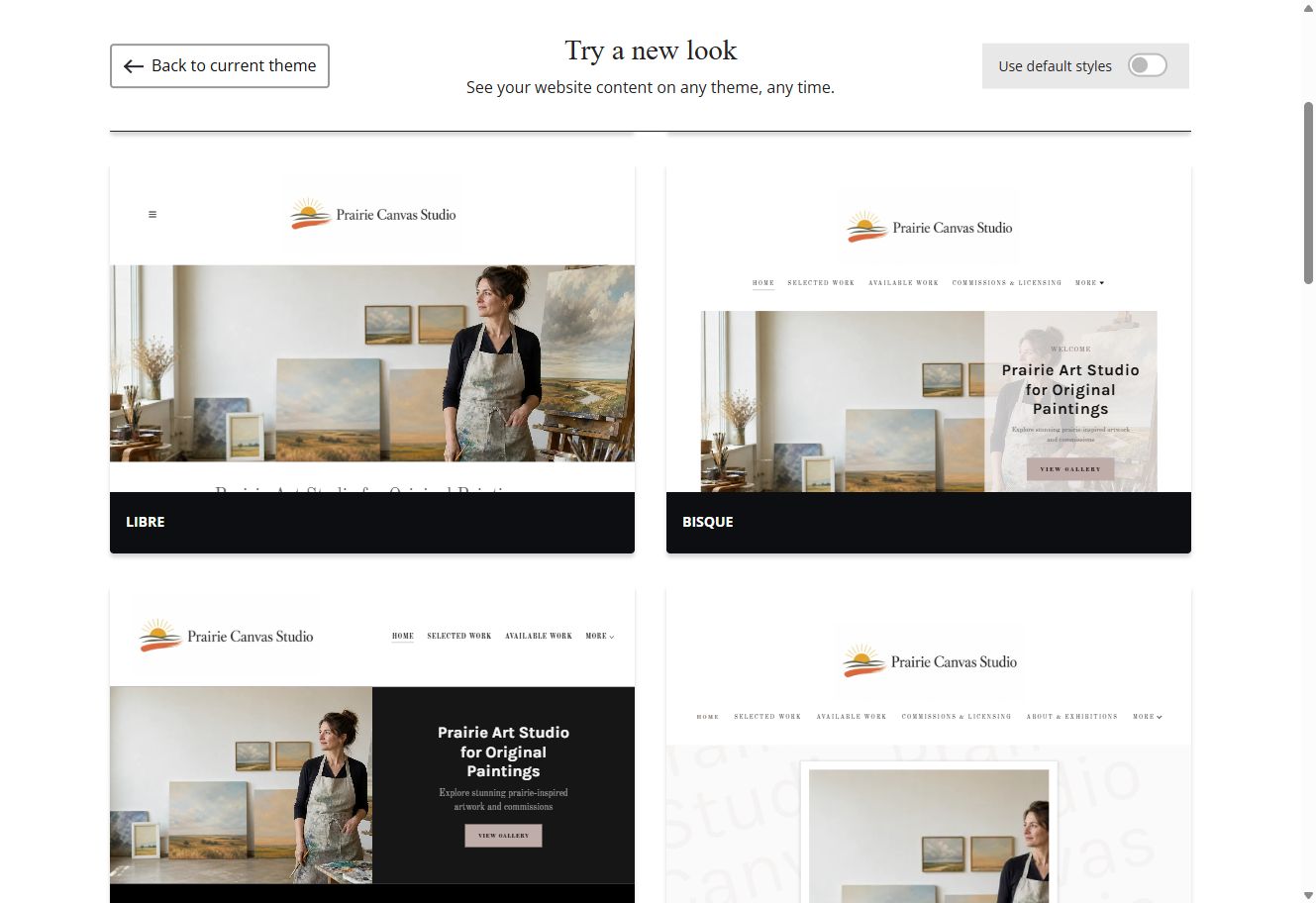 Libre and Bisque theme previews for Prairie Canvas Studio with default styles switched off