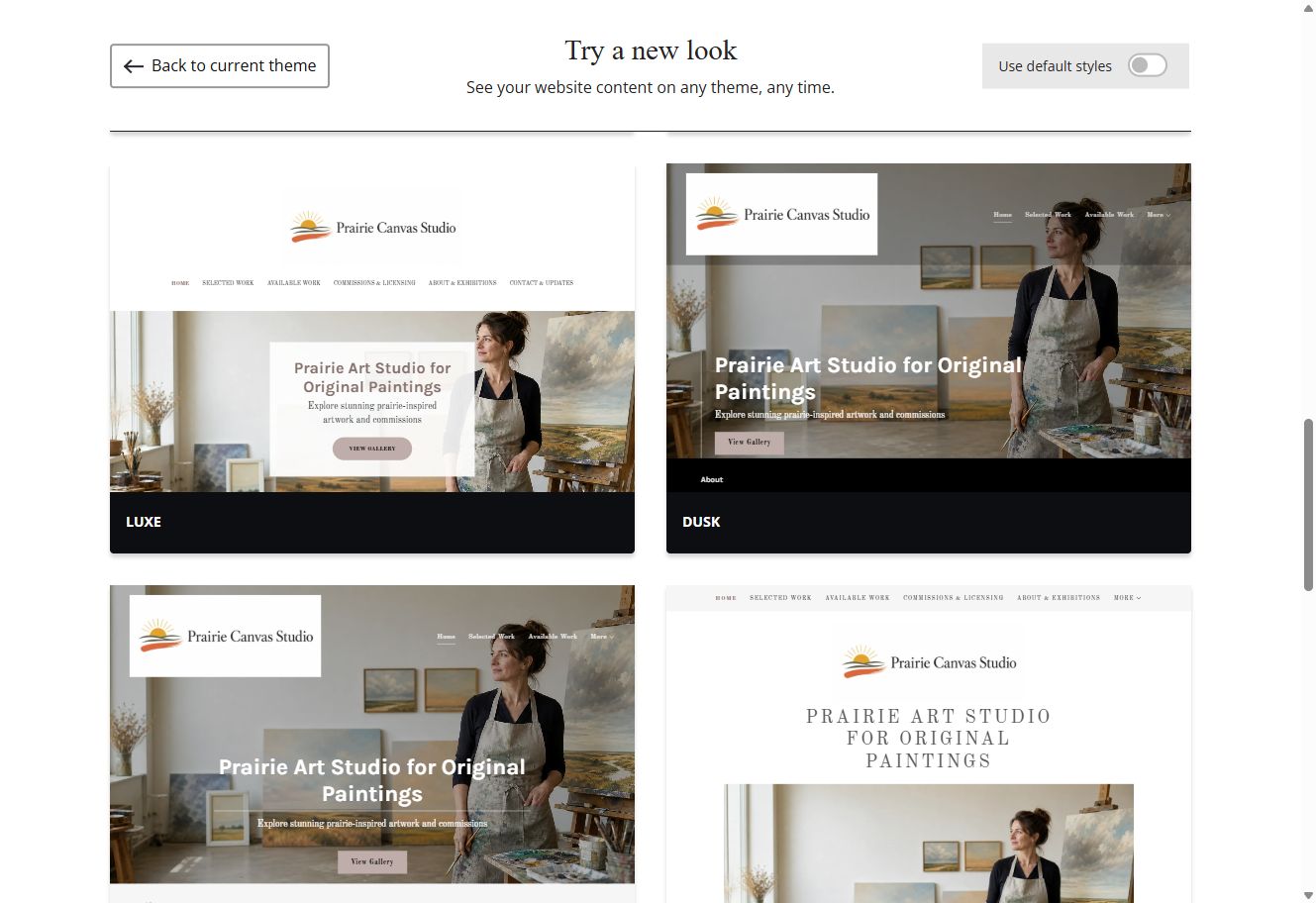 Luxe and Dusk theme previews for Prairie Canvas Studio with default styles switched off