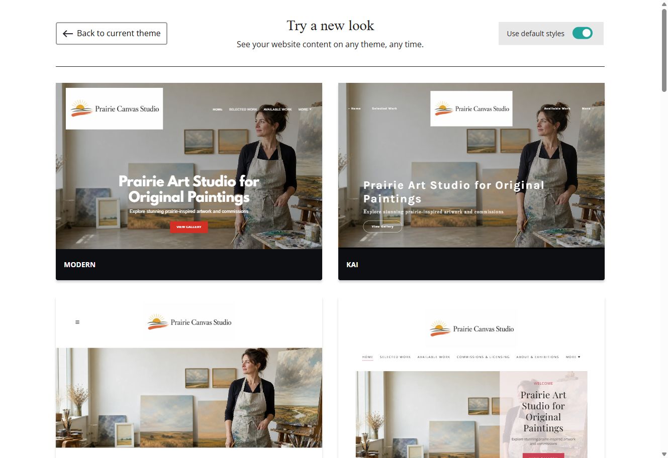 Modern and Kai theme previews for Prairie Canvas Studio with default styles switched on