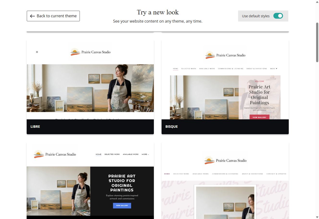 Libre and Bisque theme previews for Prairie Canvas Studio with default styles switched on