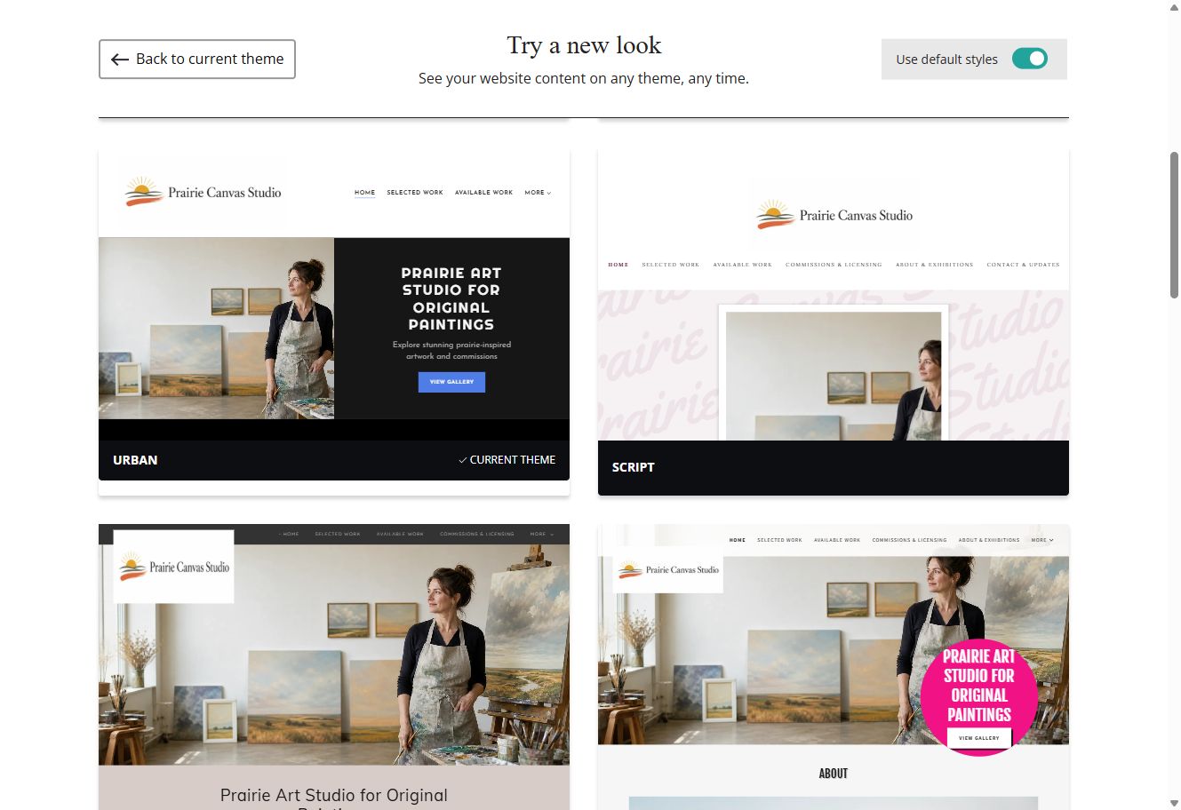 Urban and Script theme previews for Prairie Canvas Studio with default styles switched on
