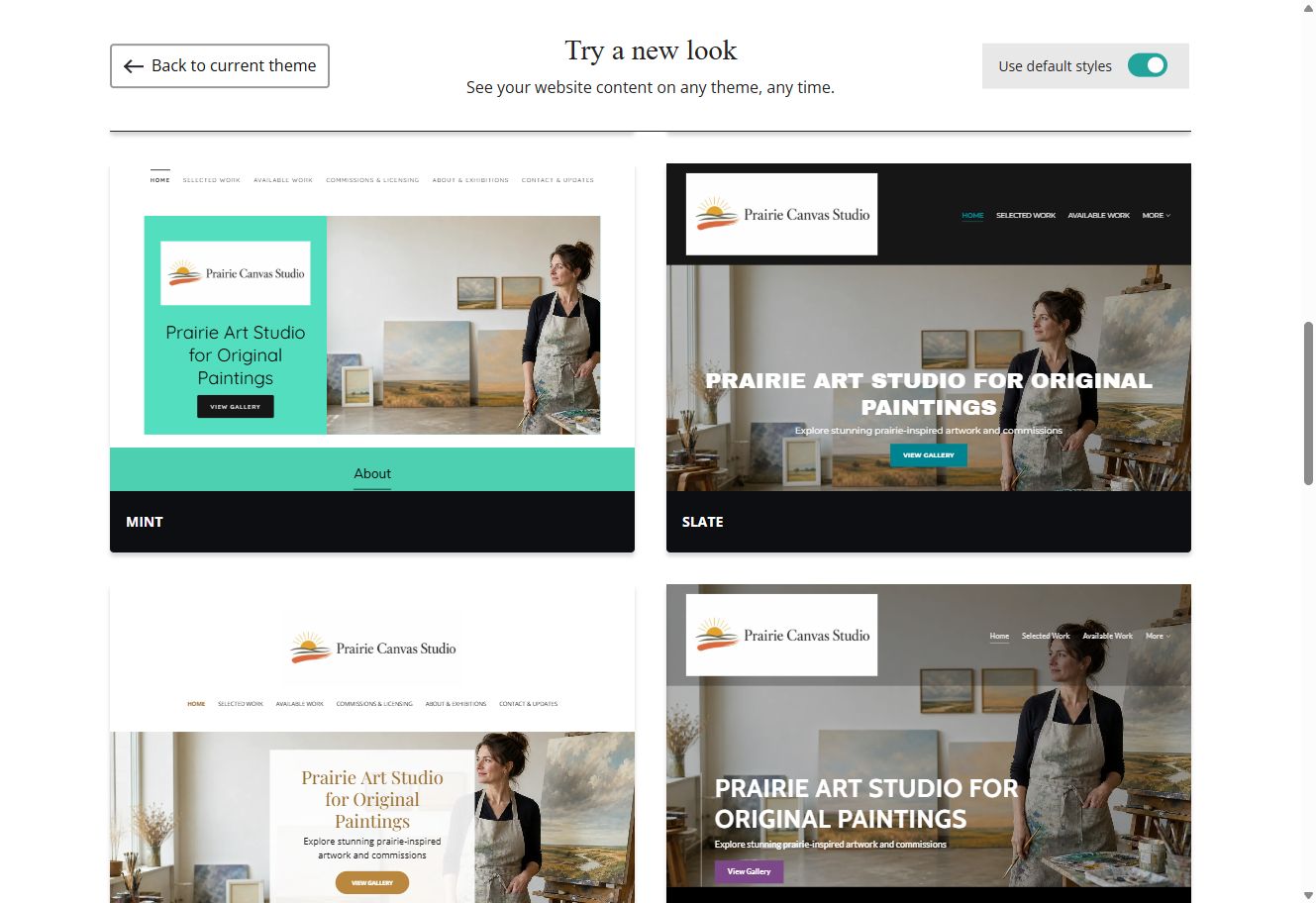 Mint and Slate theme previews for Prairie Canvas Studio with default styles switched on