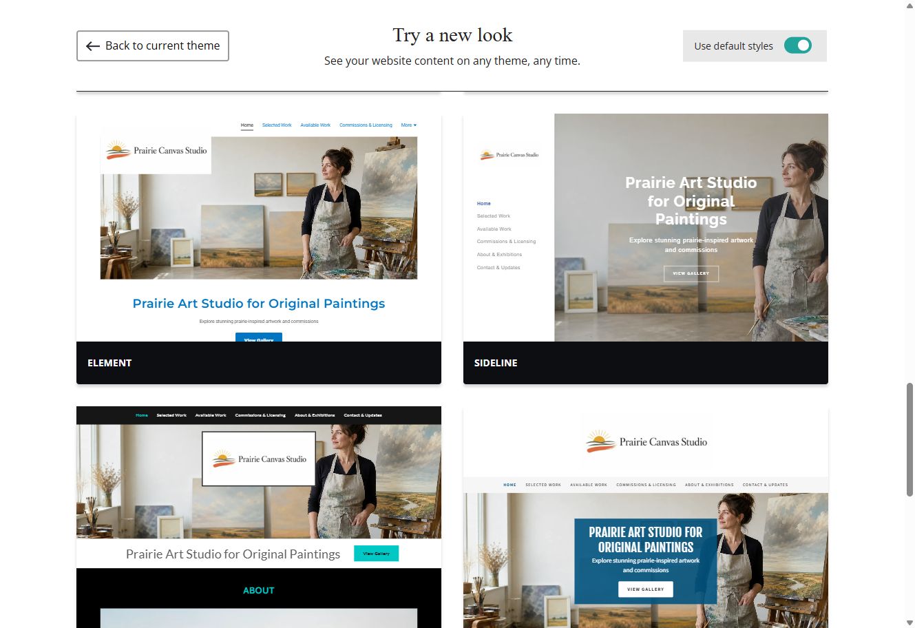 Element and Sideline theme previews for Prairie Canvas Studio with default styles switched on