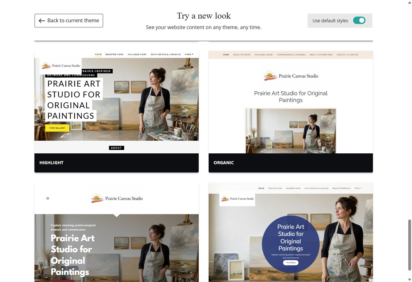 Highlight and Organic theme previews for Prairie Canvas Studio with default styles switched on