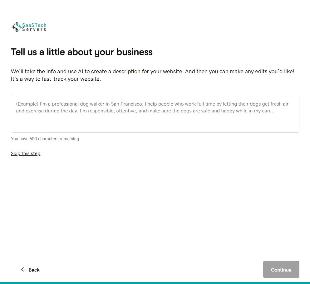 Website Builder setup with the Prairie Canvas Studio description