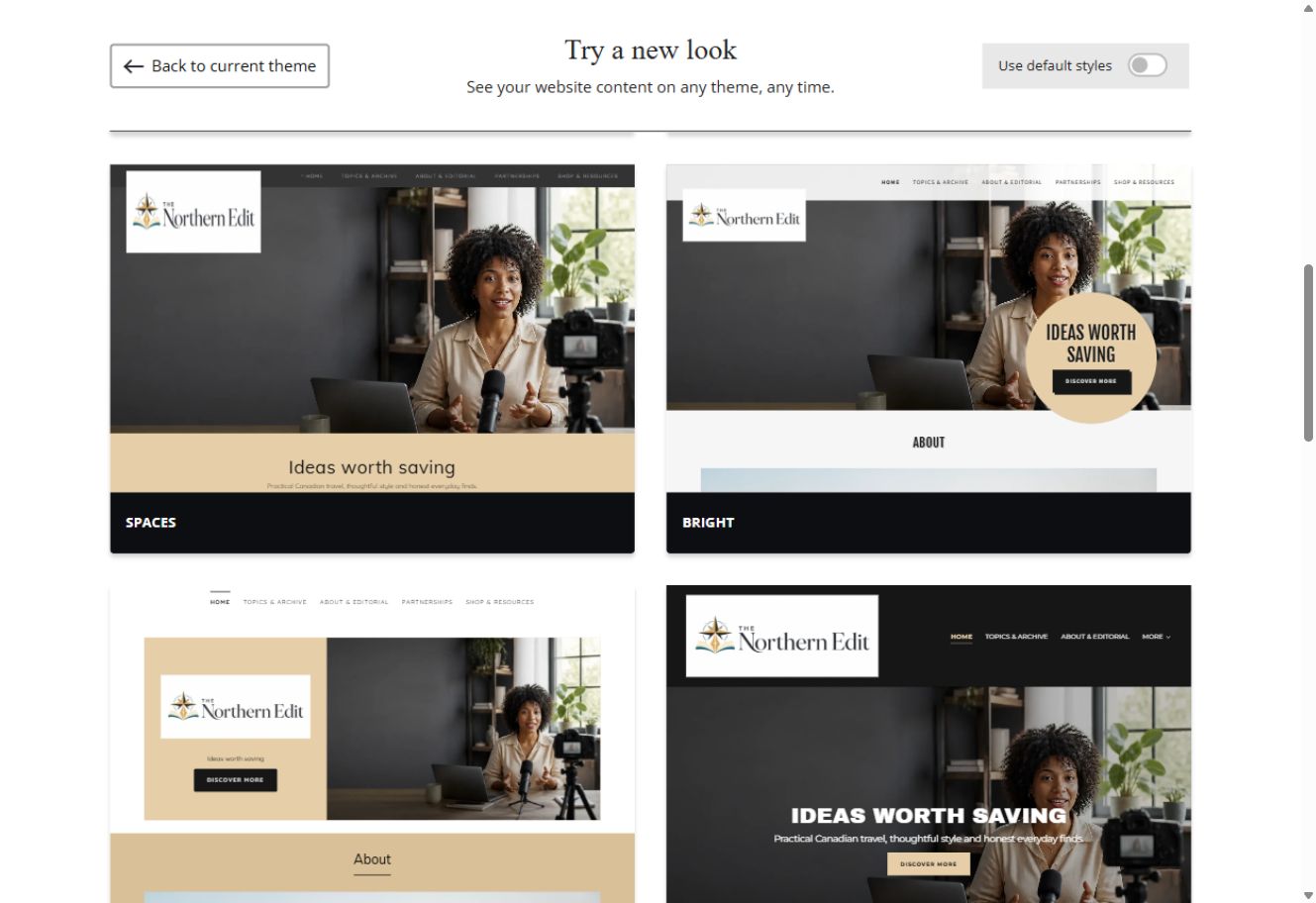 Spaces and Bright theme previews for The Northern Edit with default styles switched off