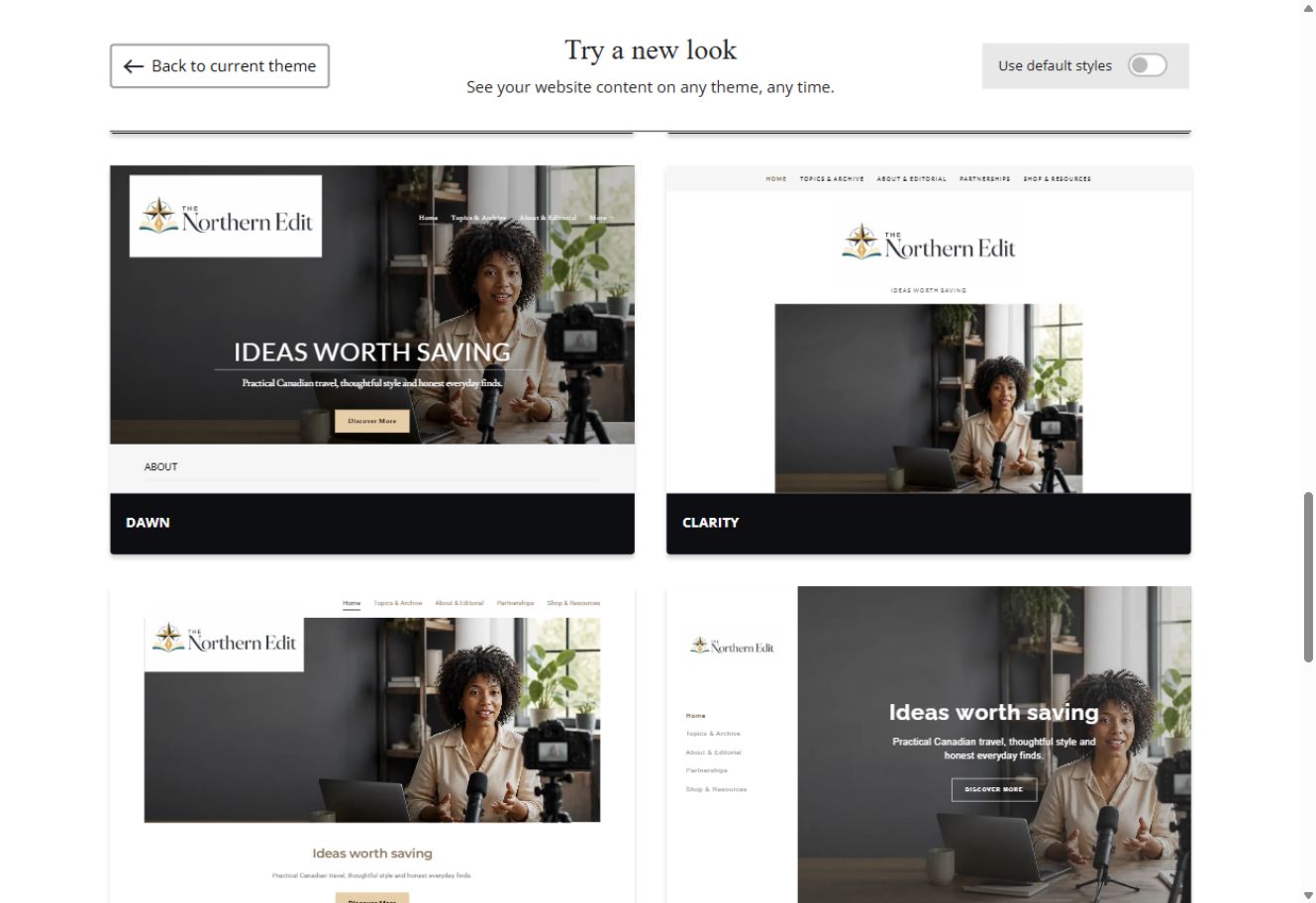 Dawn and Clarity theme previews for The Northern Edit with default styles switched off