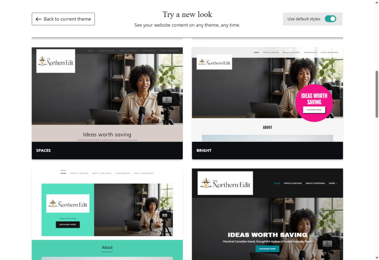 Spaces and Bright theme previews for The Northern Edit with default styles switched on