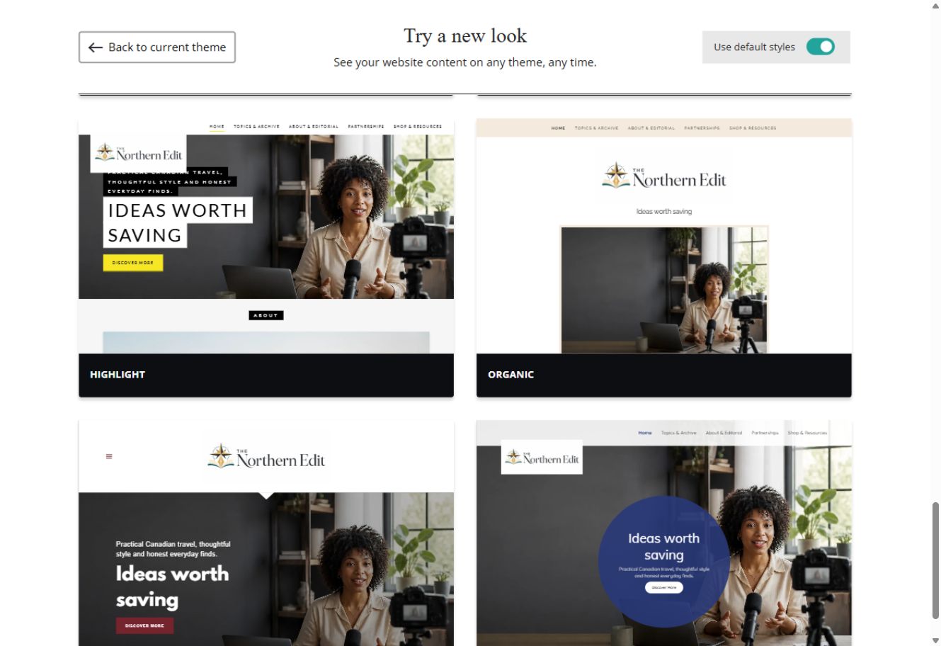 Highlight and Organic theme previews for The Northern Edit with default styles switched on