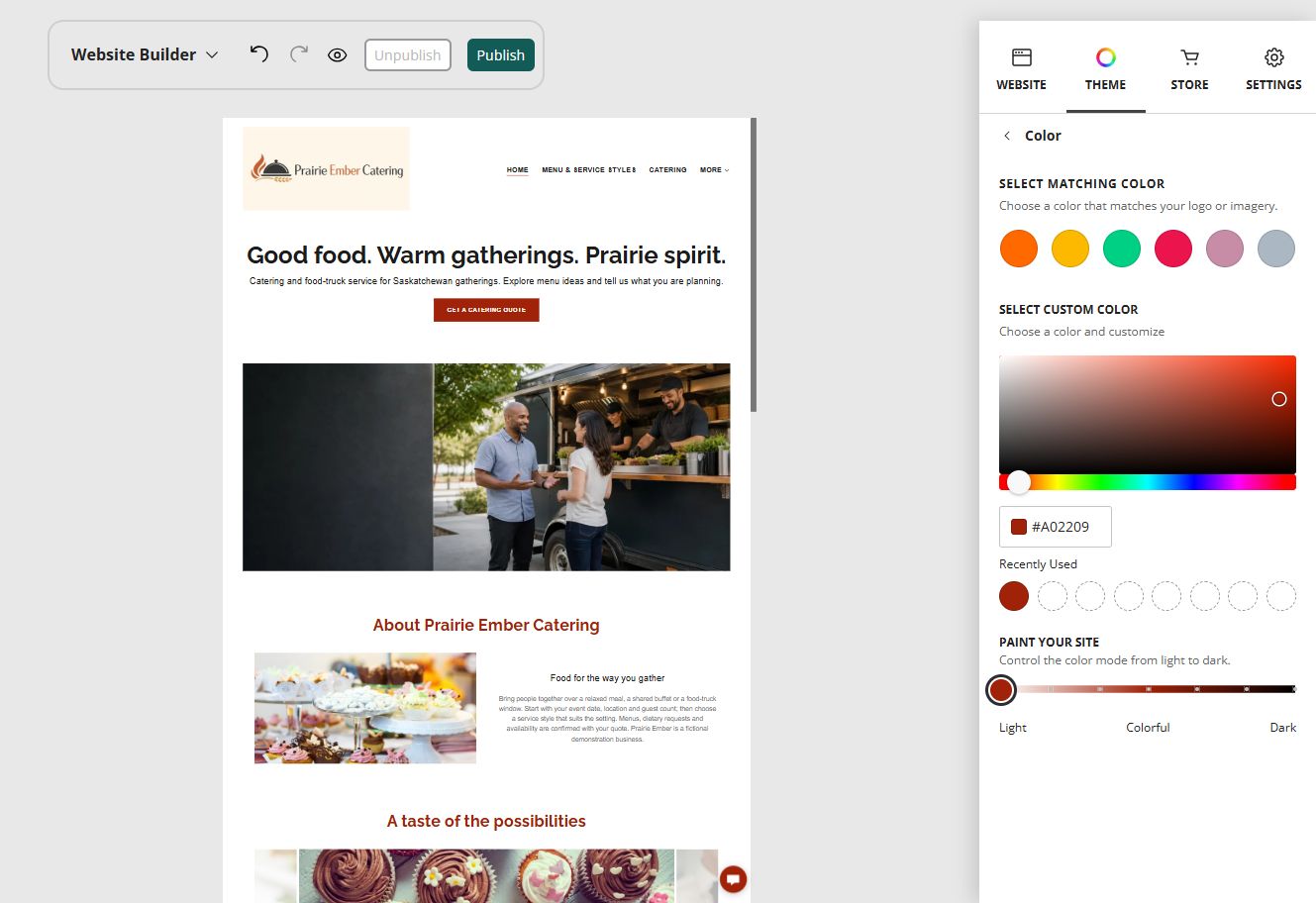 Prairie Ember Catering desktop home page and Paint your site controls at position 1: Light