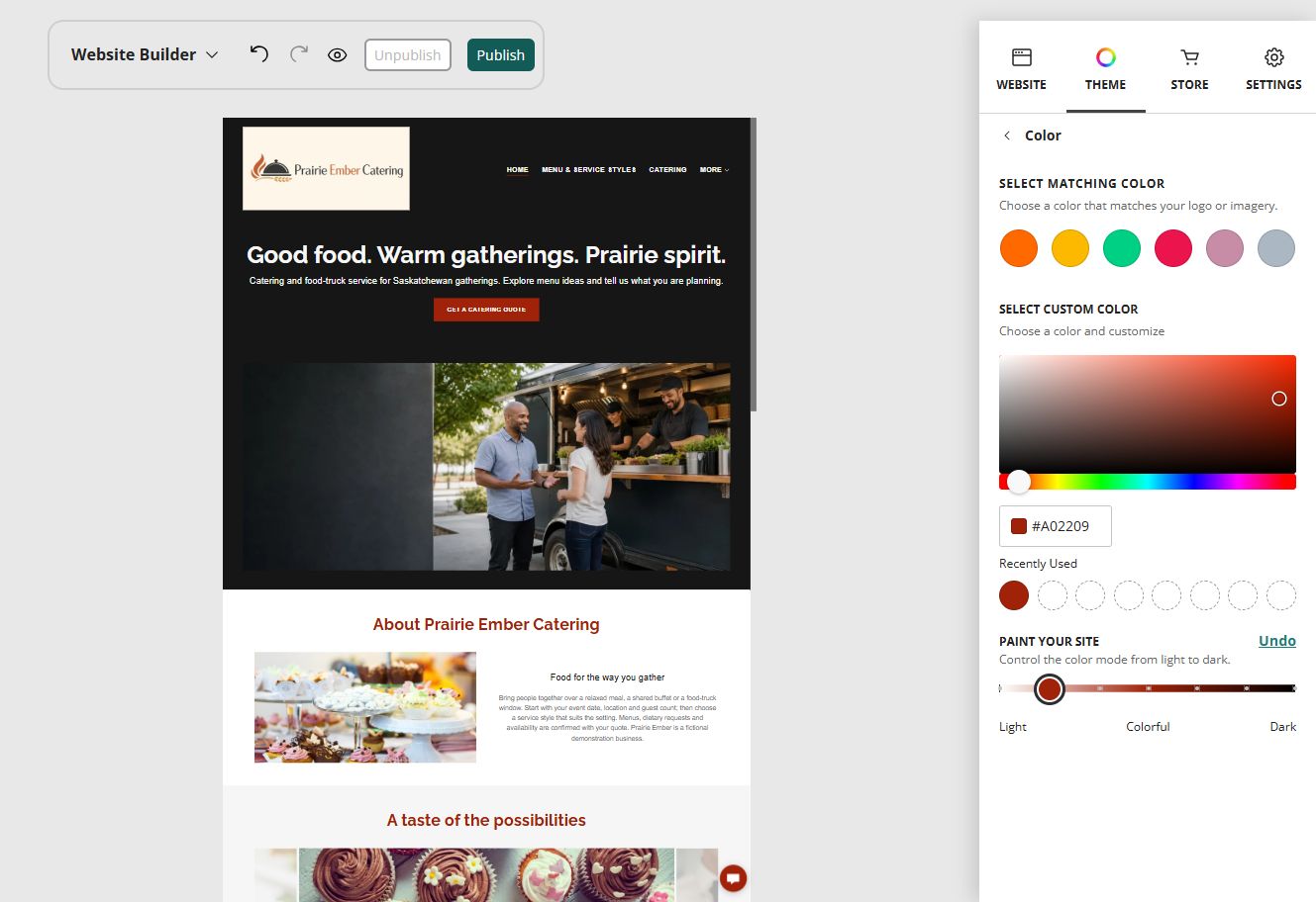 Prairie Ember Catering desktop home page and Paint your site controls at position 2: Light with dark header