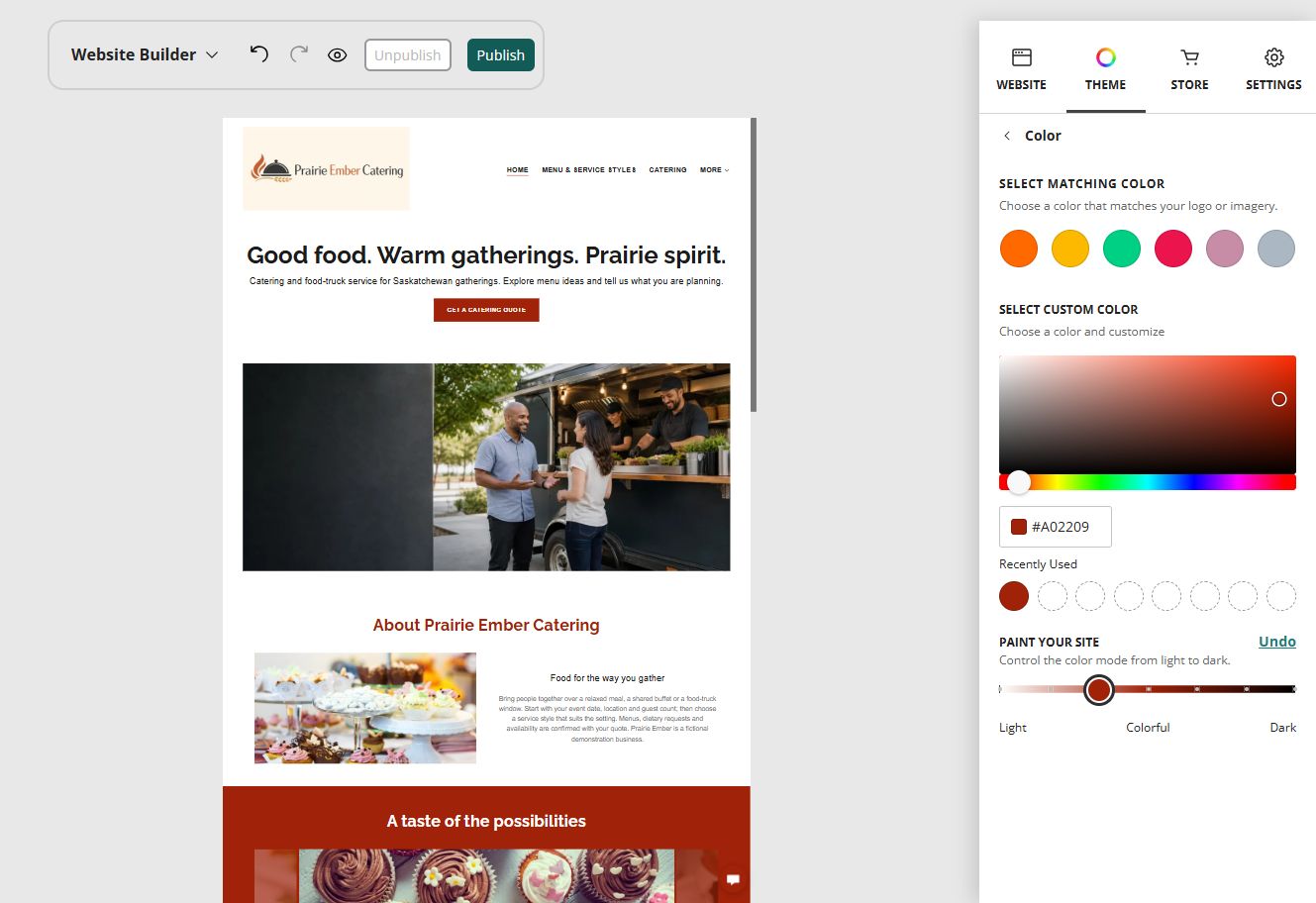 Prairie Ember Catering desktop home page and Paint your site controls at position 3: Light with colour accents