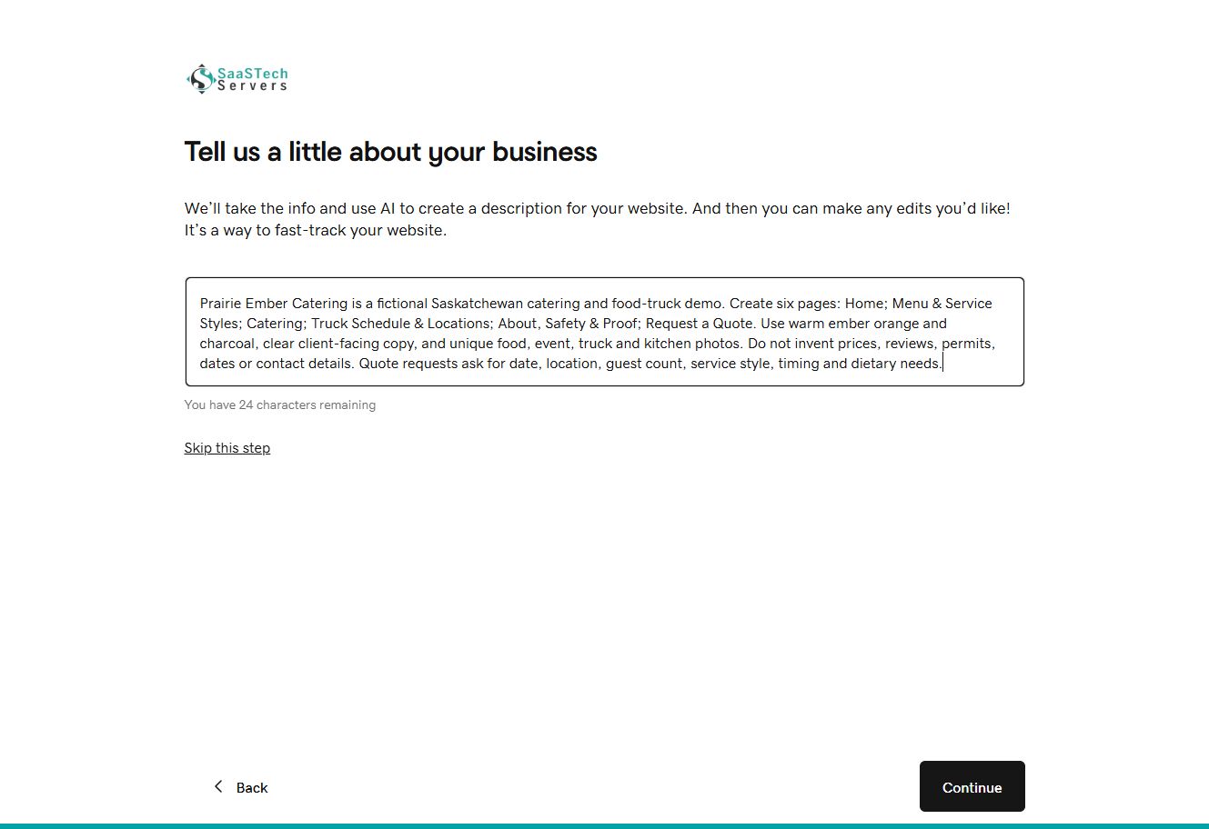Website Builder AI prompt describing the Prairie Ember Catering site