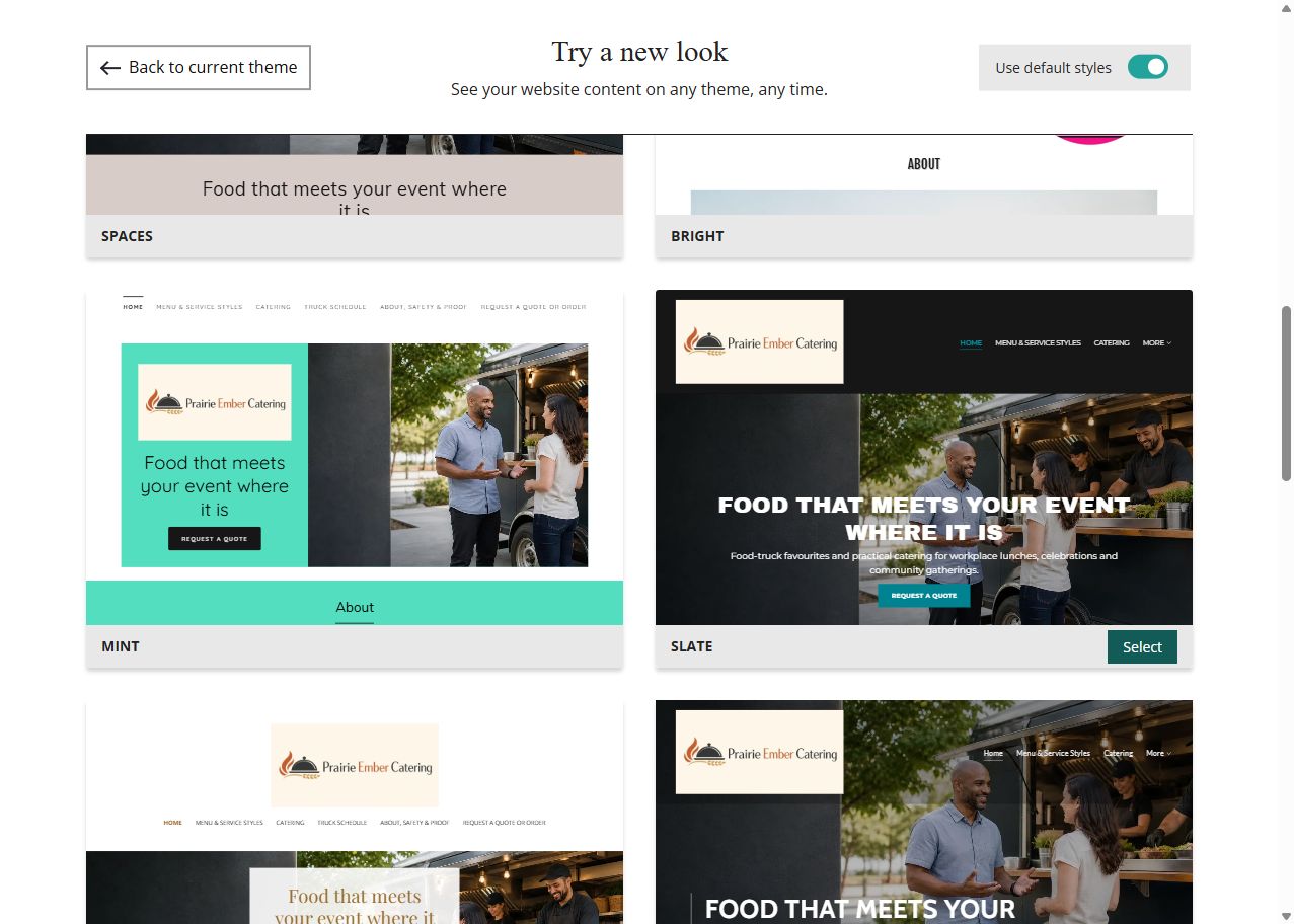Prairie Ember default-style theme previews, set 3
