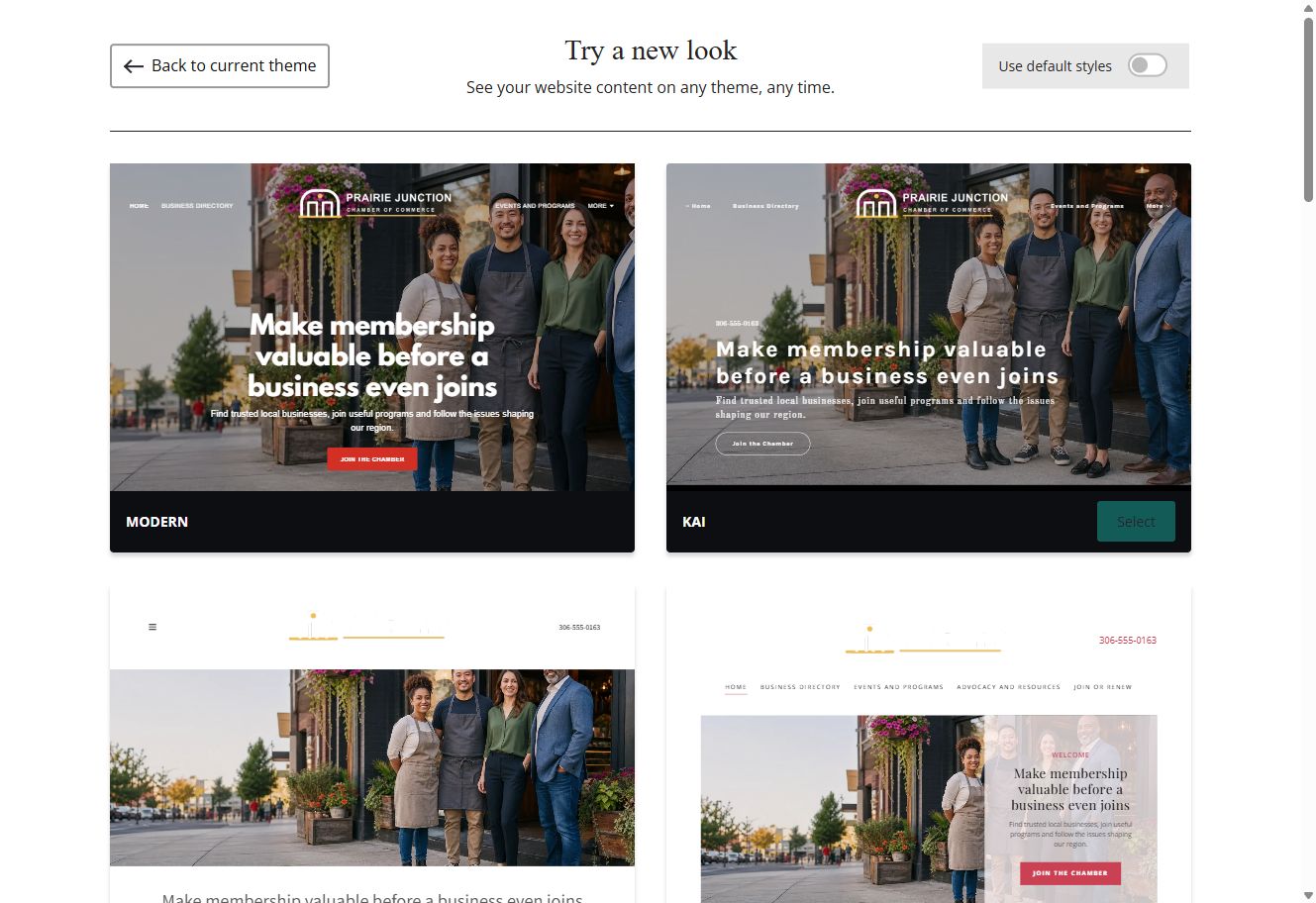 Modern and Kai theme previews for Prairie Junction with default styles switched off
