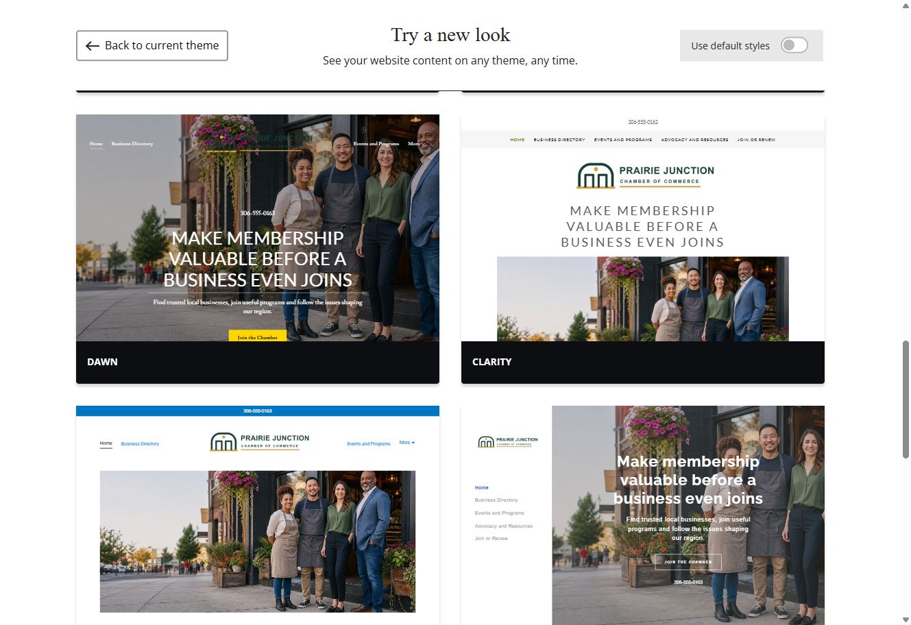 Dawn and Clarity theme previews for Prairie Junction with default styles switched off