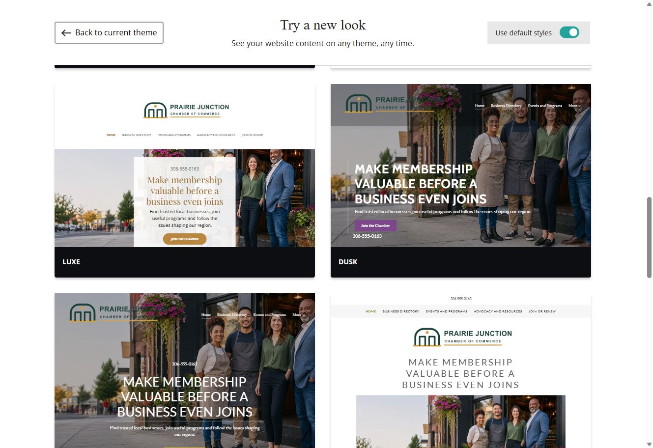 Luxe and Dusk theme previews for Prairie Junction with default styles switched on