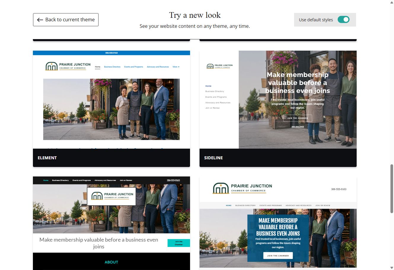 Element and Sideline theme previews for Prairie Junction with default styles switched on