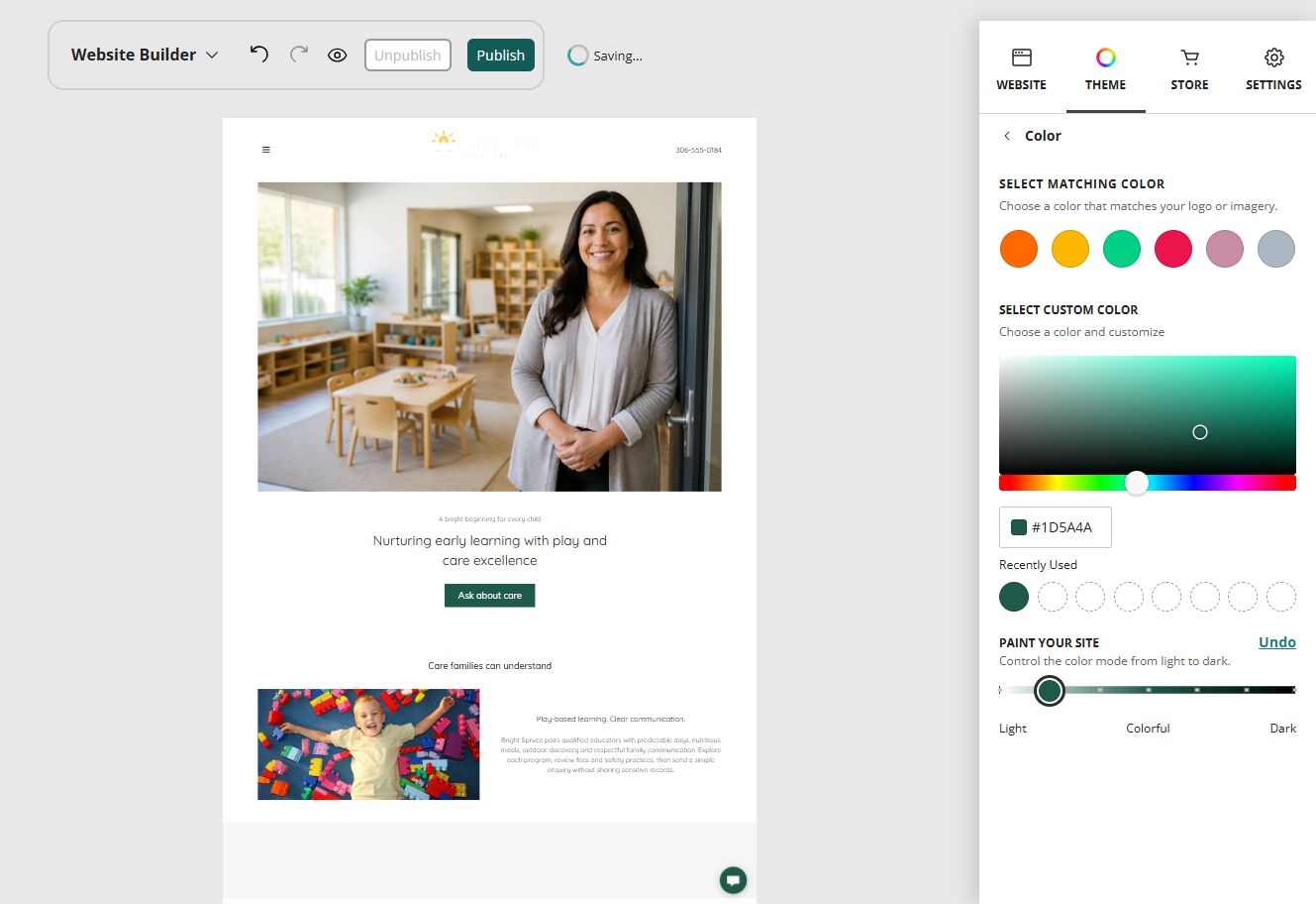 Bright Spruce home page in the Website Builder light balanced paint setting