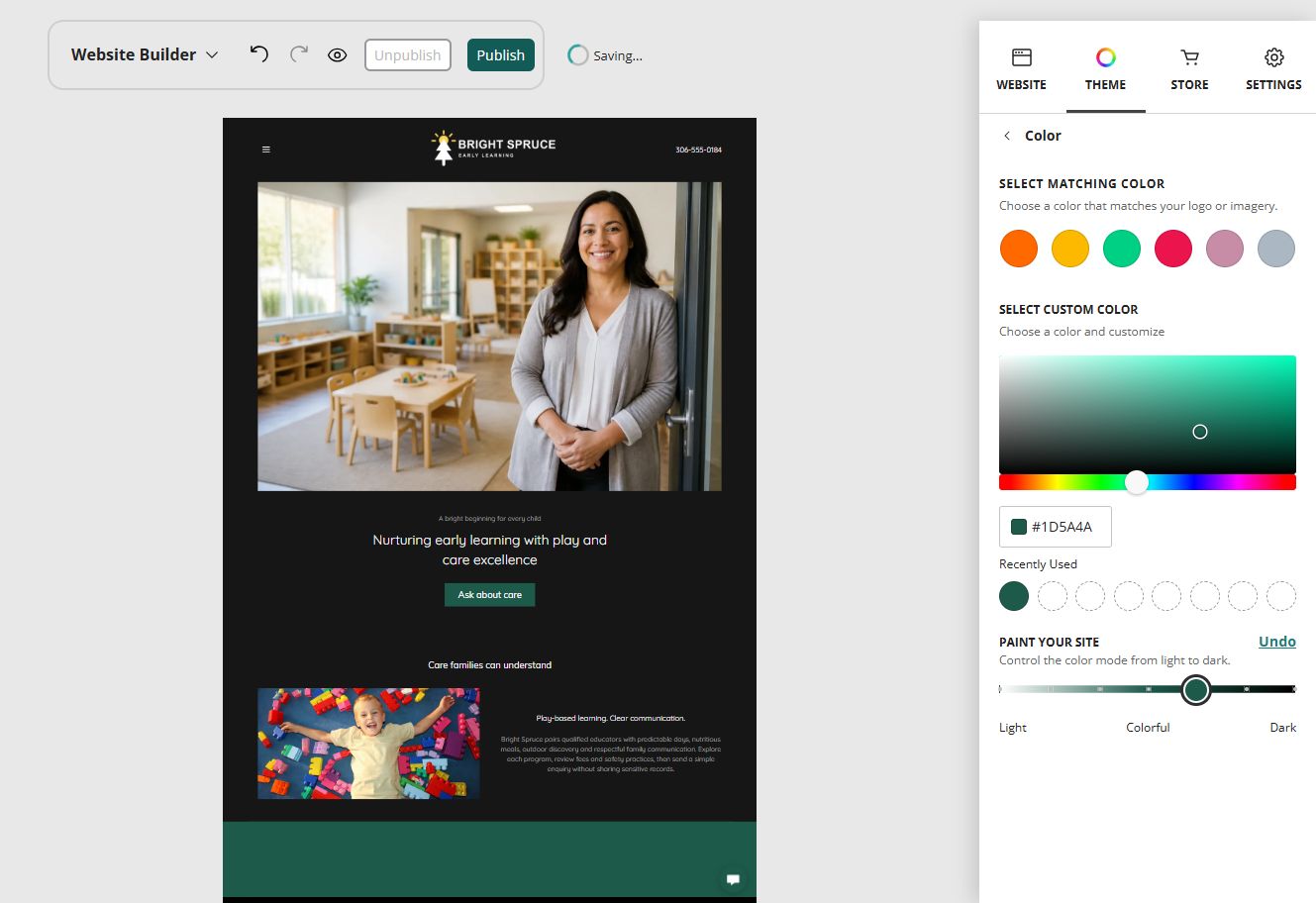 Bright Spruce home page in the Website Builder rich colour paint setting