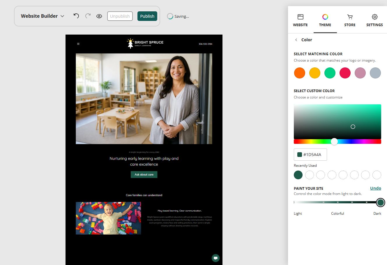 Bright Spruce home page in the Website Builder darkest paint setting