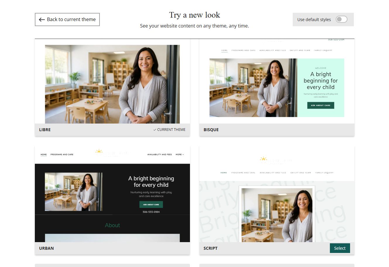 Website Builder theme previews for Bright Spruce using chosen colours, group 2