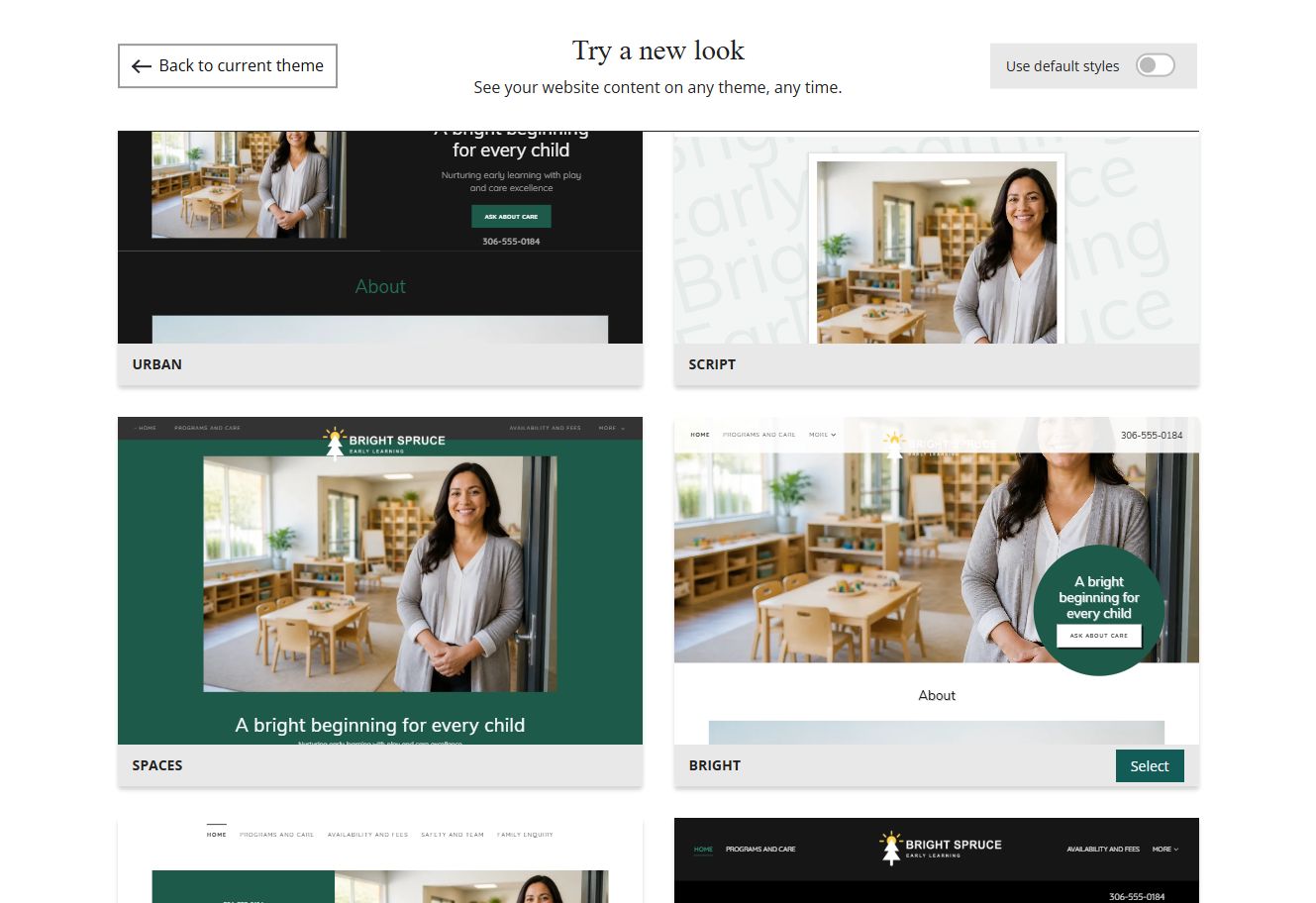 Website Builder theme previews for Bright Spruce using chosen colours, group 3