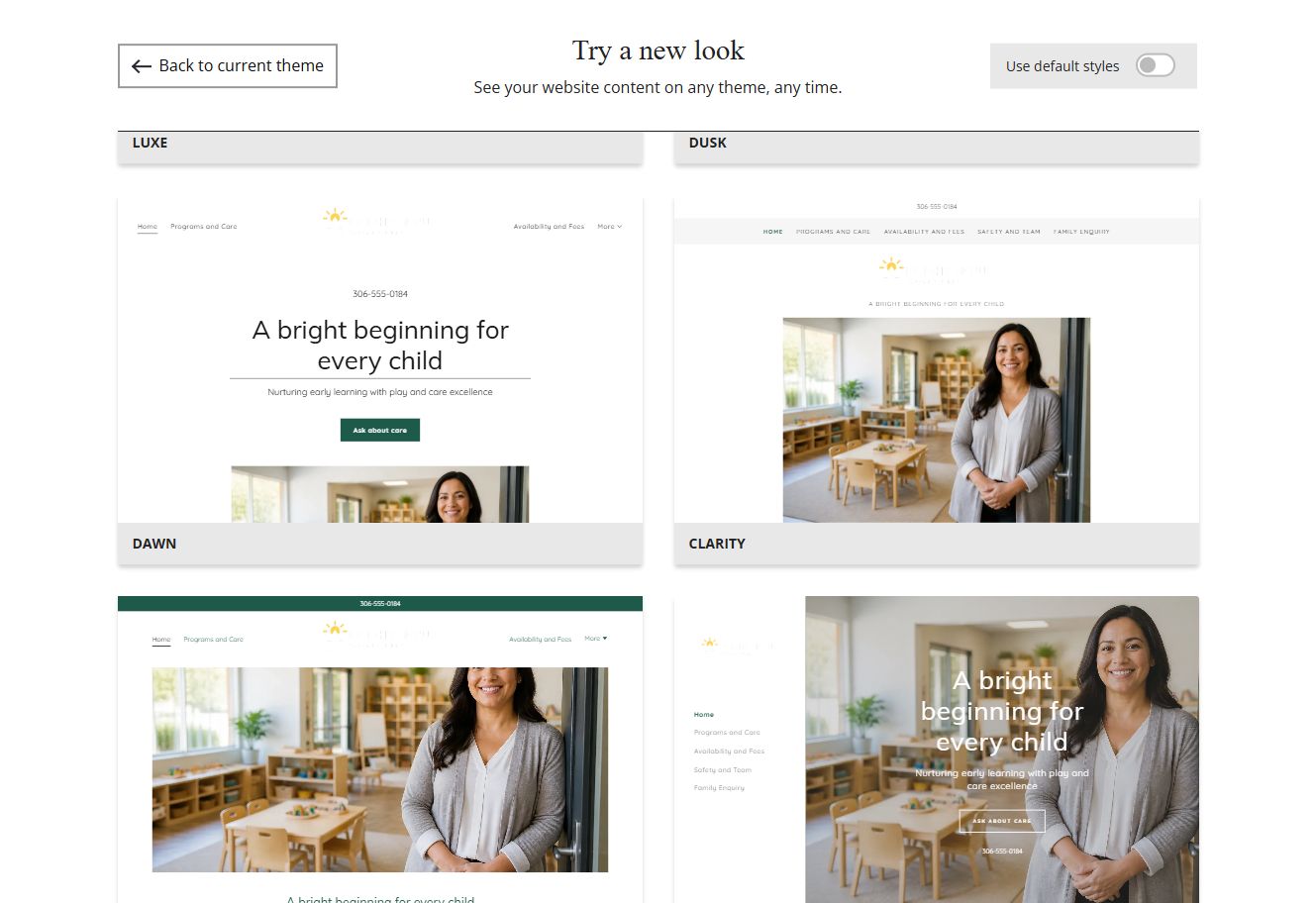 Website Builder theme previews for Bright Spruce using chosen colours, group 6