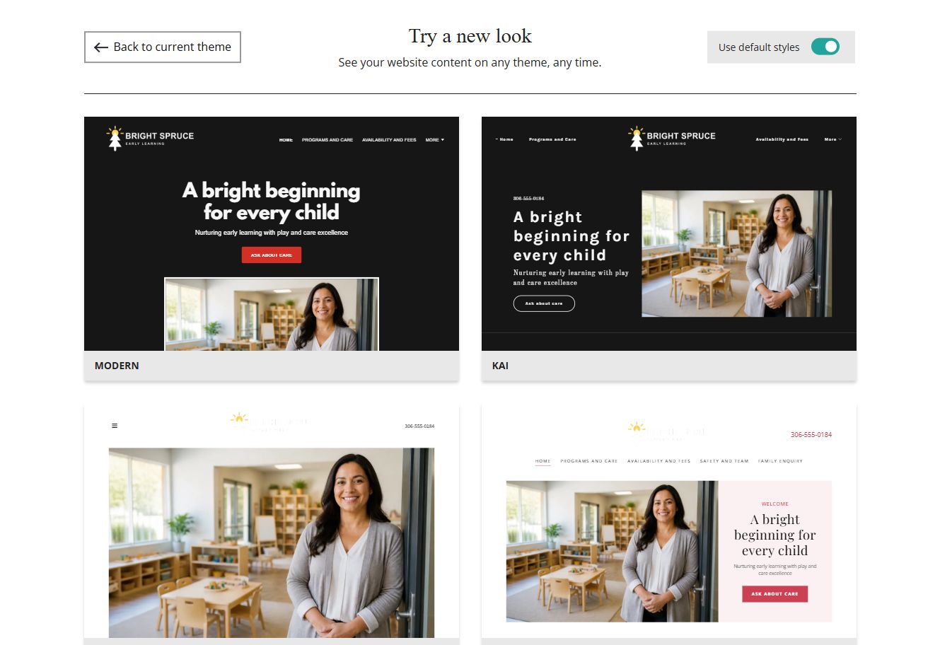 Website Builder theme previews for Bright Spruce using default styles, group 1