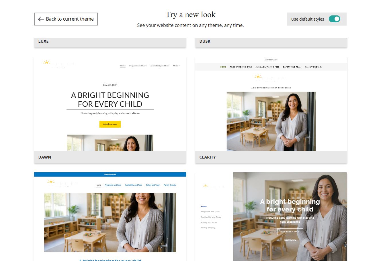Website Builder theme previews for Bright Spruce using default styles, group 6