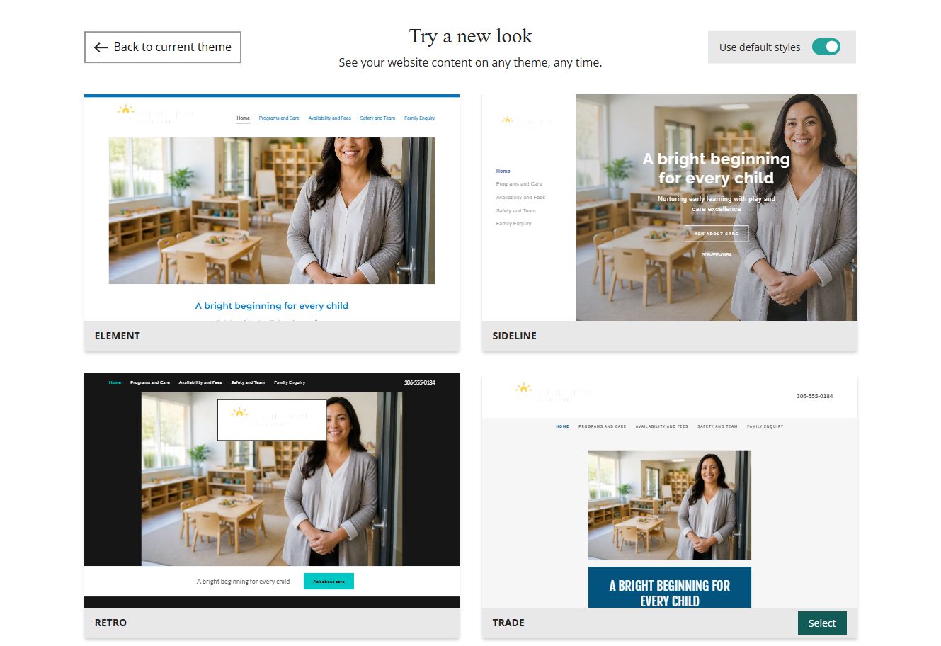 Website Builder theme previews for Bright Spruce using default styles, group 7