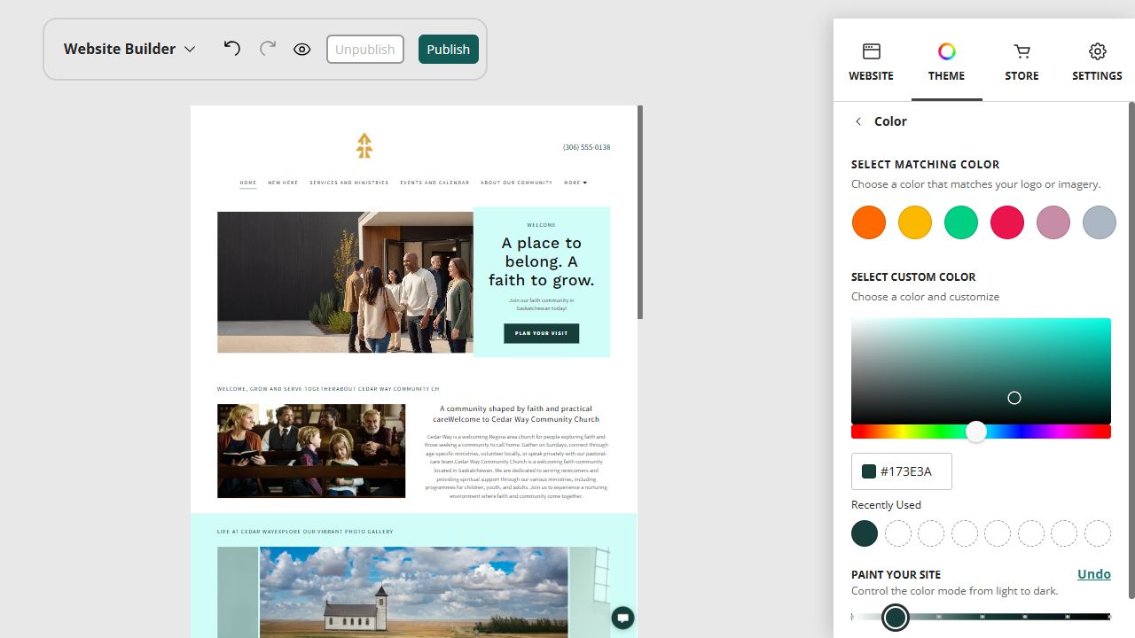 Cedar Way Community Church home page in the Website Builder light balanced paint setting