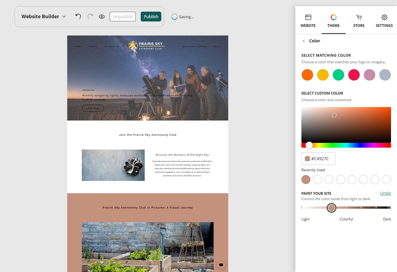 Prairie Sky Astronomy Club home page in the Website Builder soft colour paint setting