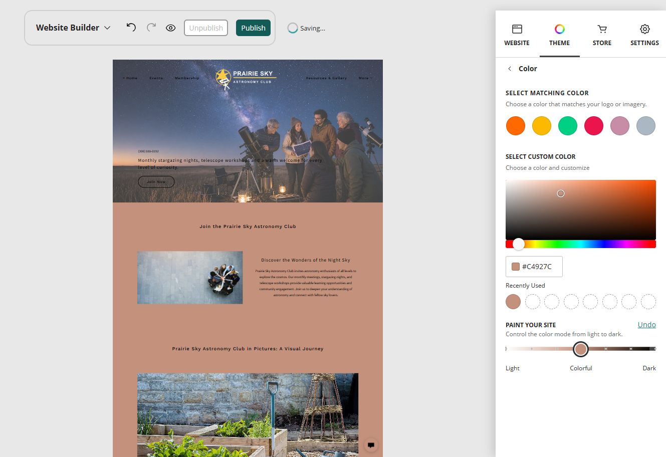 Prairie Sky Astronomy Club home page in the Website Builder colourful paint setting