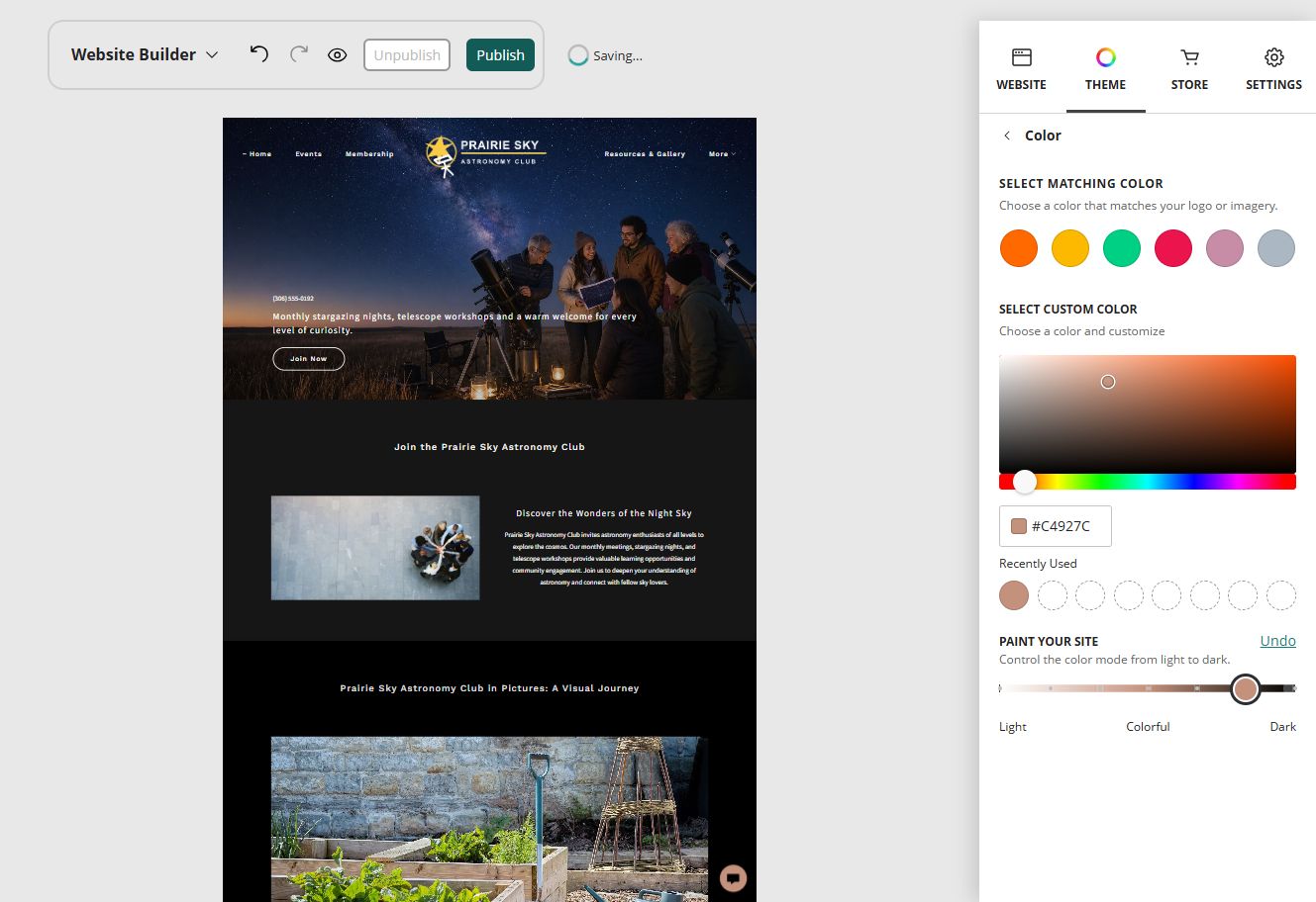 Prairie Sky Astronomy Club home page in the Website Builder deep colour paint setting
