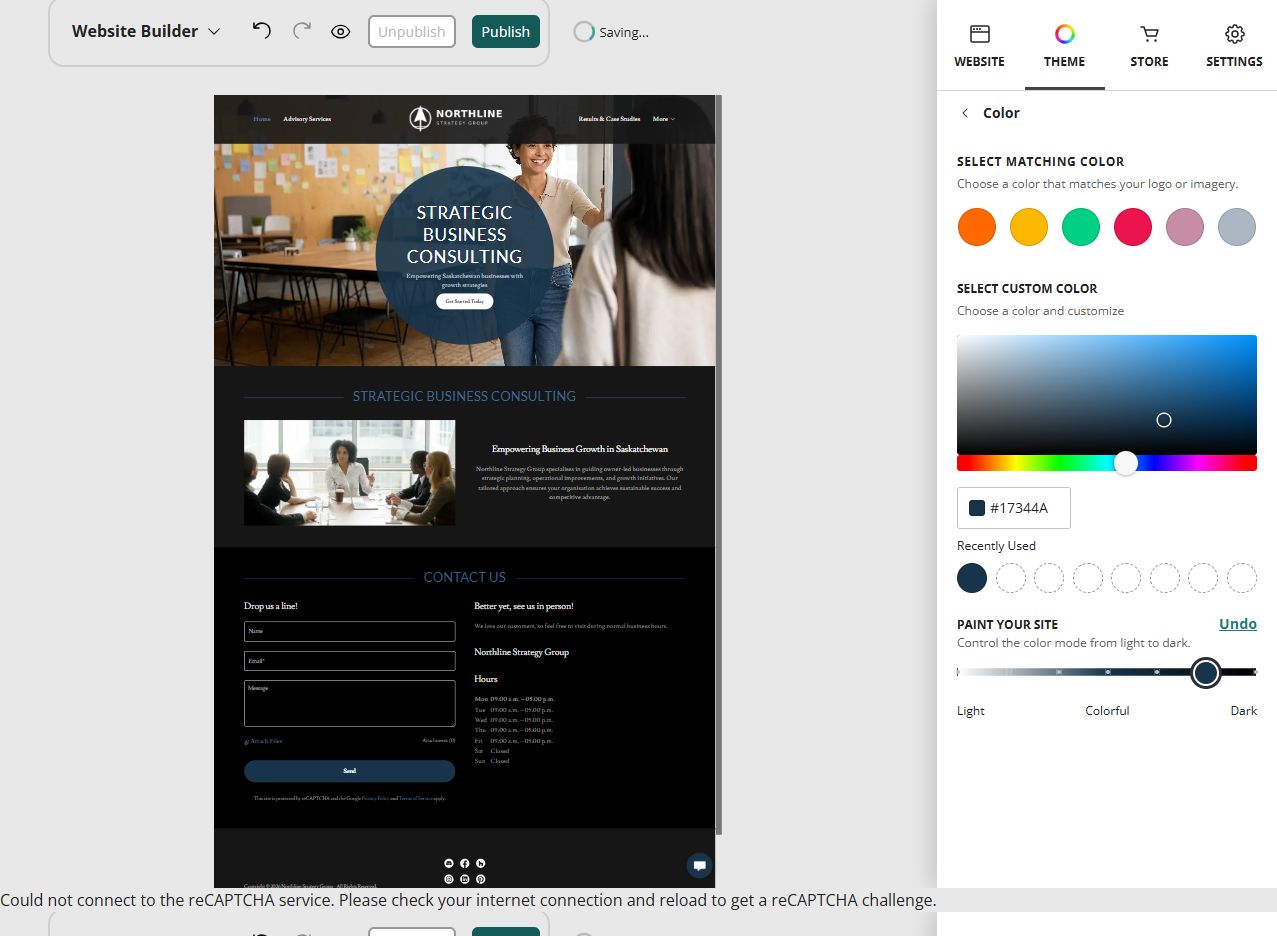 Northline Strategy Group home page in the Website Builder dark paint setting