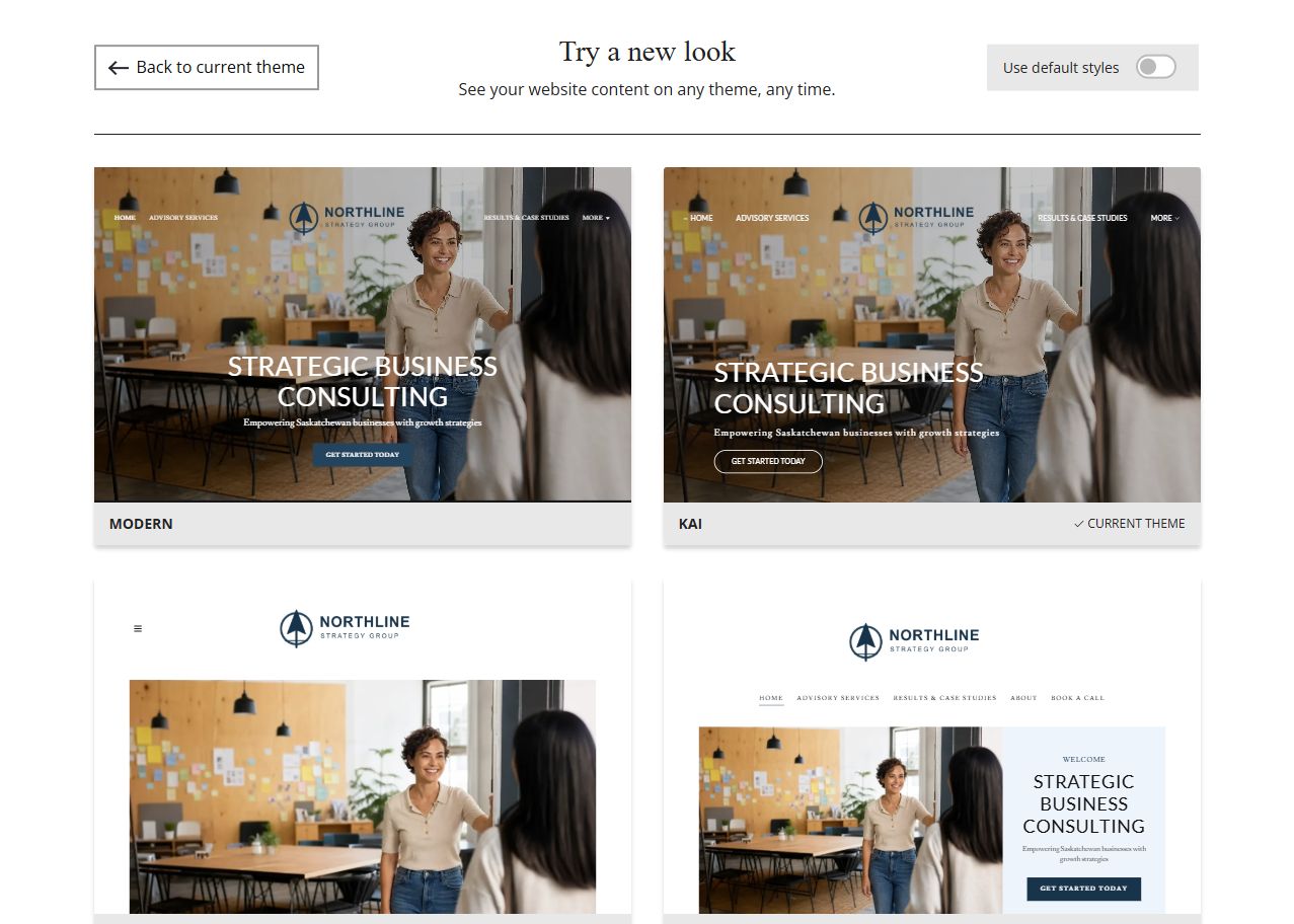Website Builder theme previews for Northline Strategy Group using its chosen colour, group 1