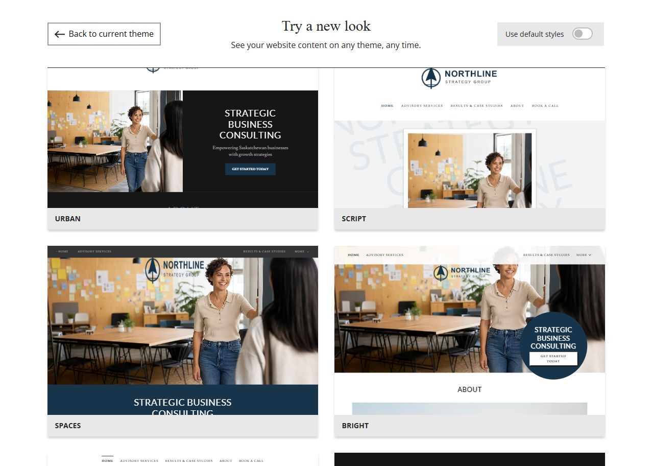 Website Builder theme previews for Northline Strategy Group using its chosen colour, group 3