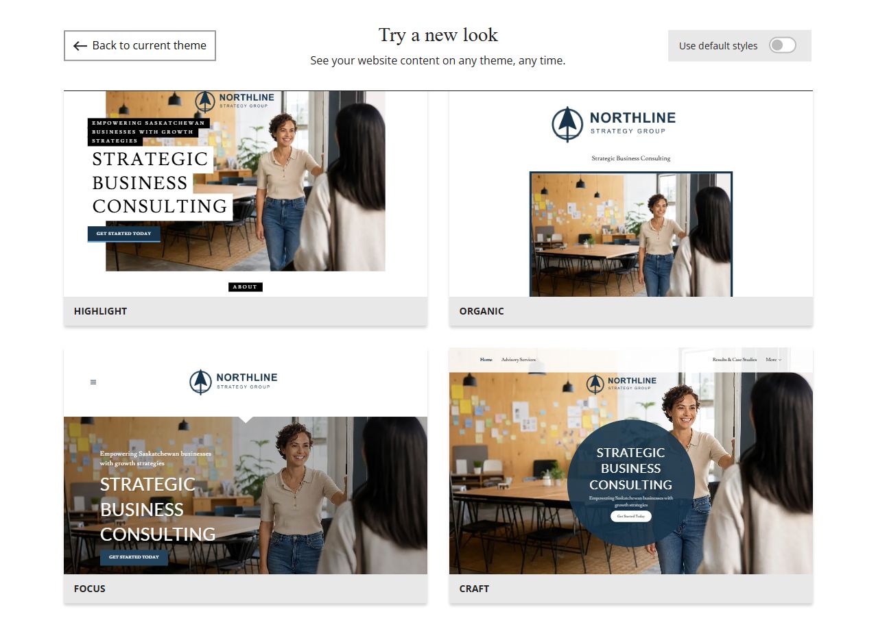 Website Builder theme previews for Northline Strategy Group using its chosen colour, group 8