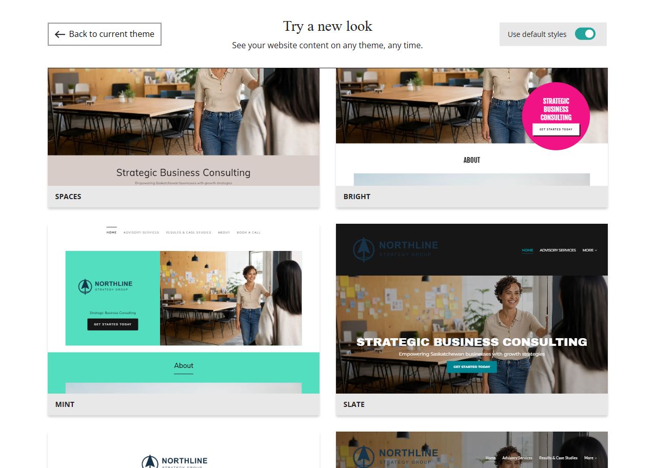 Website Builder theme previews for Northline Strategy Group using default styles, group 4