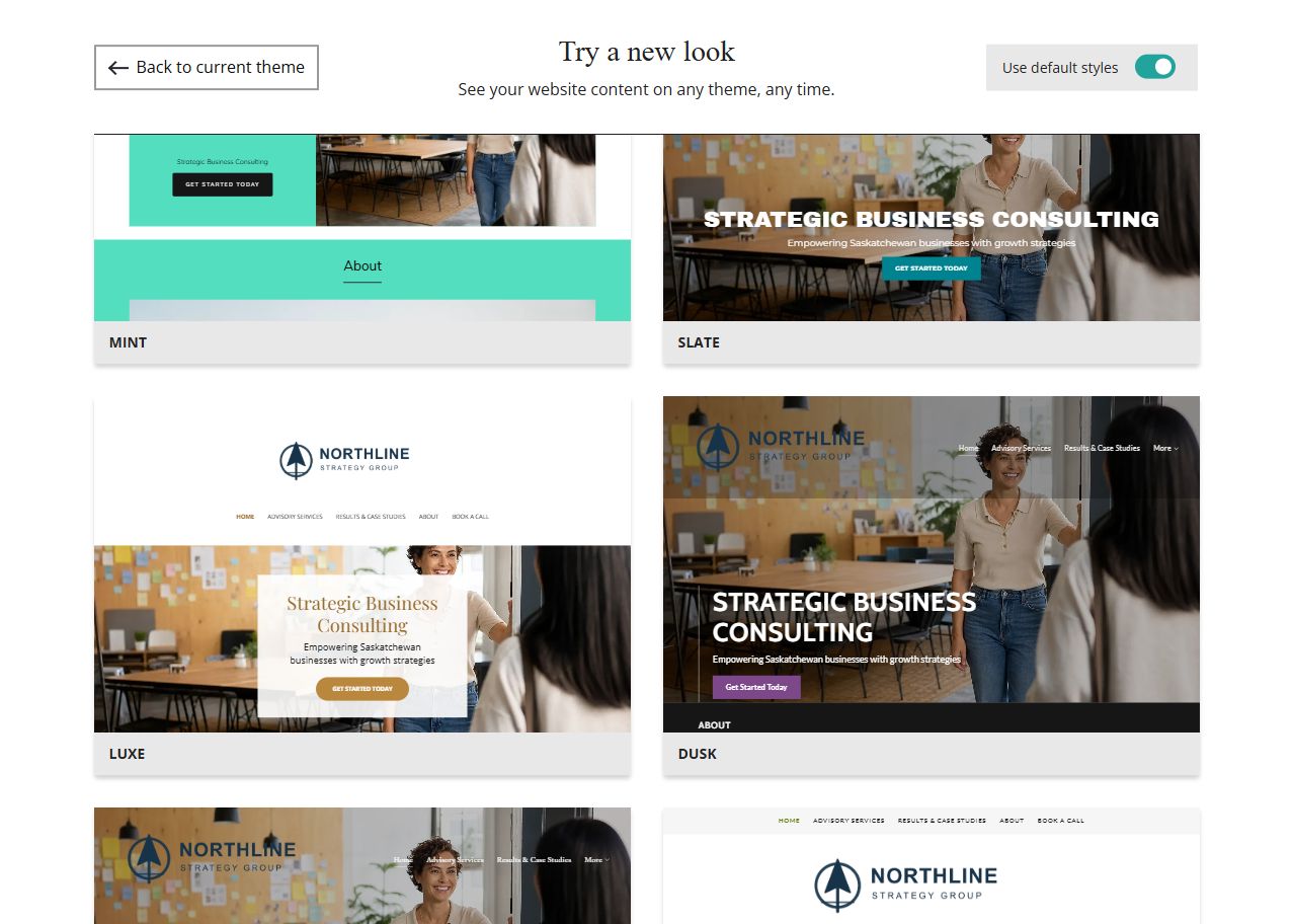 Website Builder theme previews for Northline Strategy Group using default styles, group 5