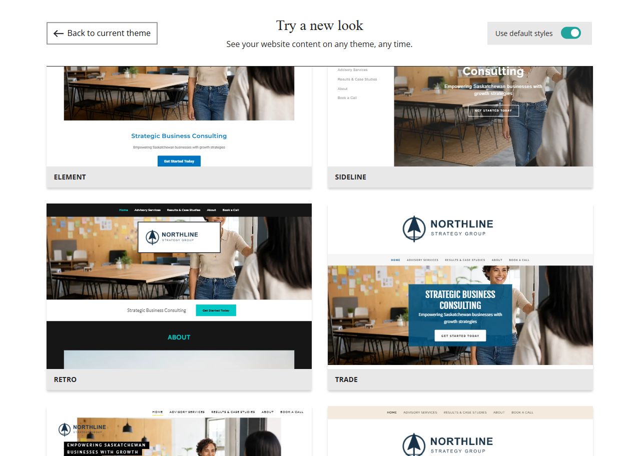 Website Builder theme previews for Northline Strategy Group using default styles, group 7